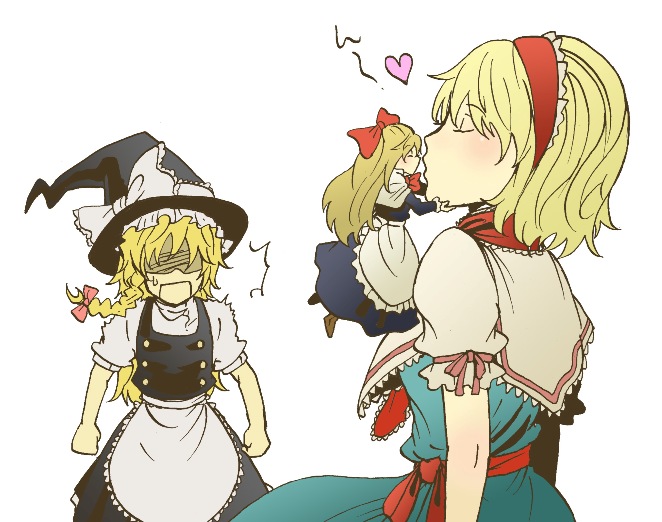 charin, alice margatroid, kirisame marisa, shanghai doll, touhou, bad id, bad pixiv id, 3girls, blonde hair, braid, doll, dress, female focus, hairband, hat, kiss, multiple girls, simple background, skirt, white background, witch, witch hat, yuri