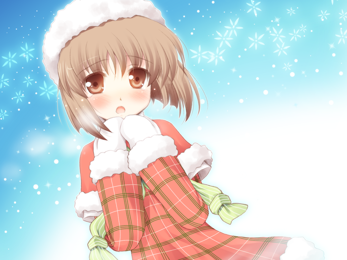 komi zumiko, hagiwara yukiho, idolmaster, idolmaster (classic), 00s, 1girl, :o, blue background, blush, breath, brown eyes, brown hair, capelet, christmas, dress, female focus, fur-trimmed sleeves, fur trim, hat, long sleeves, looking at viewer, mittens, open mouth, outdoors, plaid clothes, plaid dress, red dress, short hair, sky, snowflakes, solo, tareme, upper body, white mittens