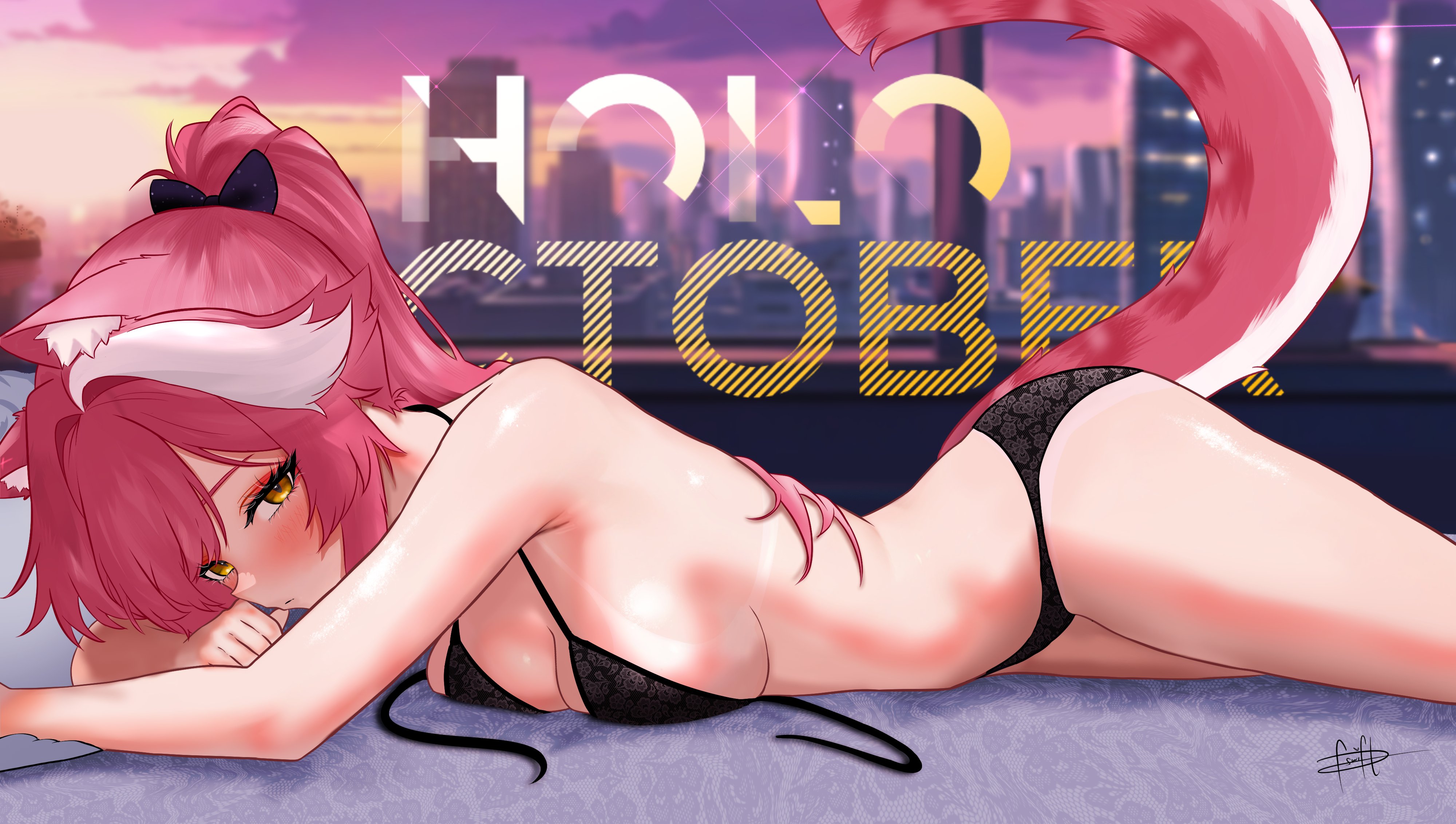 dfswift, raora panthera, hololive, hololive english, absurdres, commentary, english commentary, highres, 1girl, animal ears, bare shoulders, black bow, black bra, black panties, blurry, blurry background, blush, bow, bra, breasts, building, city, closed mouth, cloud, cloudy sky, eyeshadow, hair bow, long hair, lying, makeup, multicolored hair, on stomach, panther ears, panther girl, panther tail, panties, pink hair, pink sky, pink tail, polka dot, polka dot bow, ponytail, red eyeshadow, signature, sky, solo, streaked hair, sunset, tail, thighs, two-tone hair, underwear, undone bra, virtual youtuber, white hair, window, yellow eyes