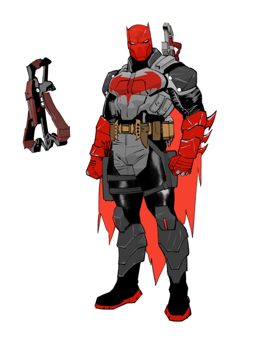 dan mora, batman, jason todd, red hood (dc), batman (series), dc comics, commentary, english commentary, highres, 1boy, bat signal, batman symbol, belt, black bodysuit, bodysuit, cape, gloves, grey bodysuit, male focus, mask, muscular, muscular male, red mask, superhero costume, taut bodysuit, two-tone bodysuit