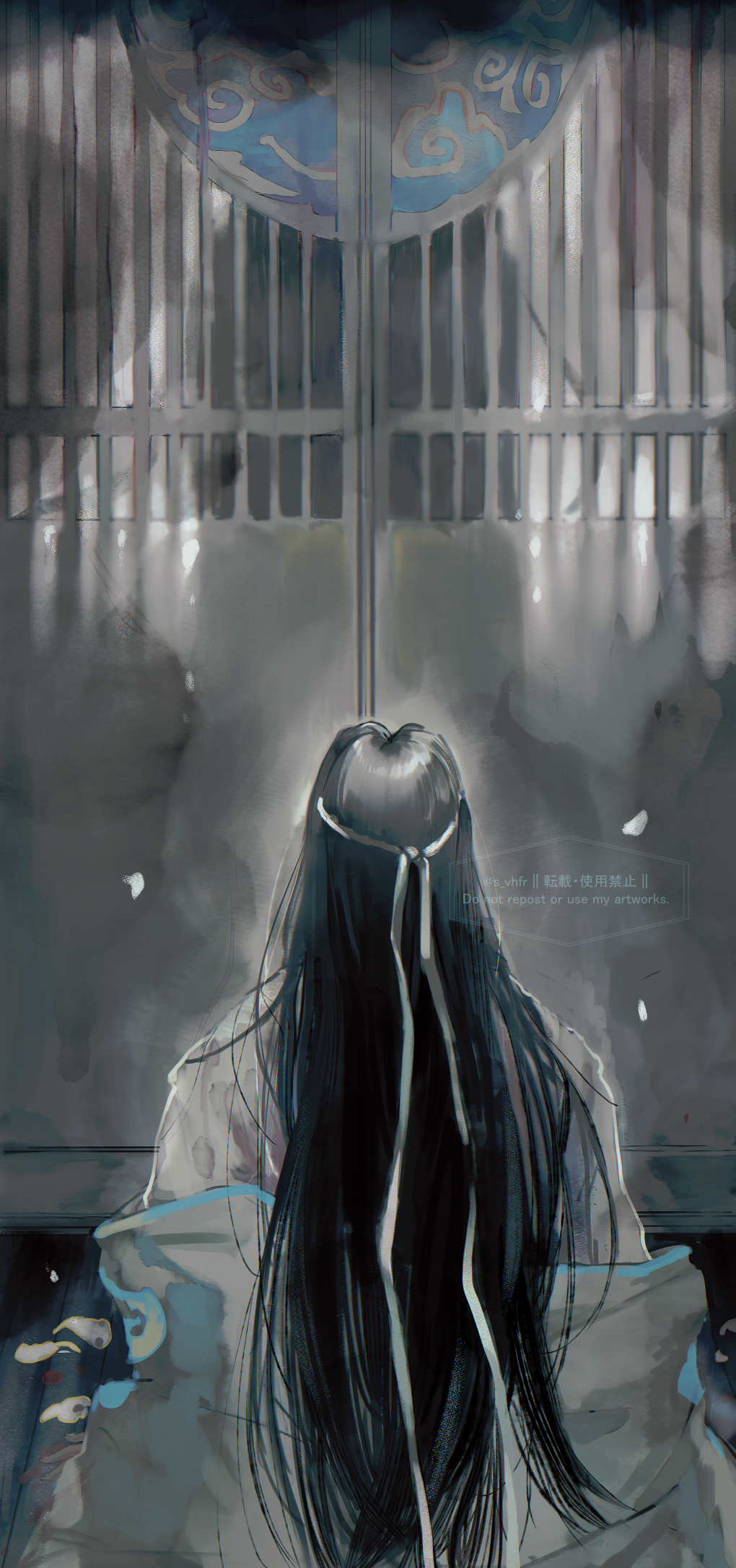 konno shimako, lan wangji, modao zushi, highres, 1boy, architecture, black hair, chinese clothes, chinese text, coat, door, east asian architecture, facing away, falling petals, from behind, hanfu, headband, long hair, long sleeves, male focus, off shoulder, petals, robe, sitting, solo, twitter username, upper body, very long hair, watermark, white coat, white hanfu, white headband