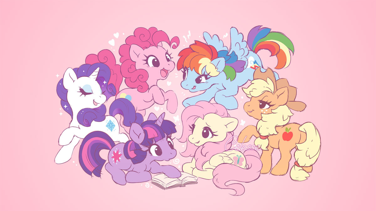 samantha whitten, applejack, fluttershy, mane six (my little pony), pinkie pie, rainbow dash, rarity (my little pony), twilight sparkle, my little pony, my little pony: friendship is magic, commentary, english commentary, animal, animal focus, blonde hair, book, cowboy hat, cutie mark, hat, horse, multicolored hair, no humans, pegasus, pink background, pink hair, pony (animal), purple hair, rainbow hair, simple background, sitting, unicorn, wings