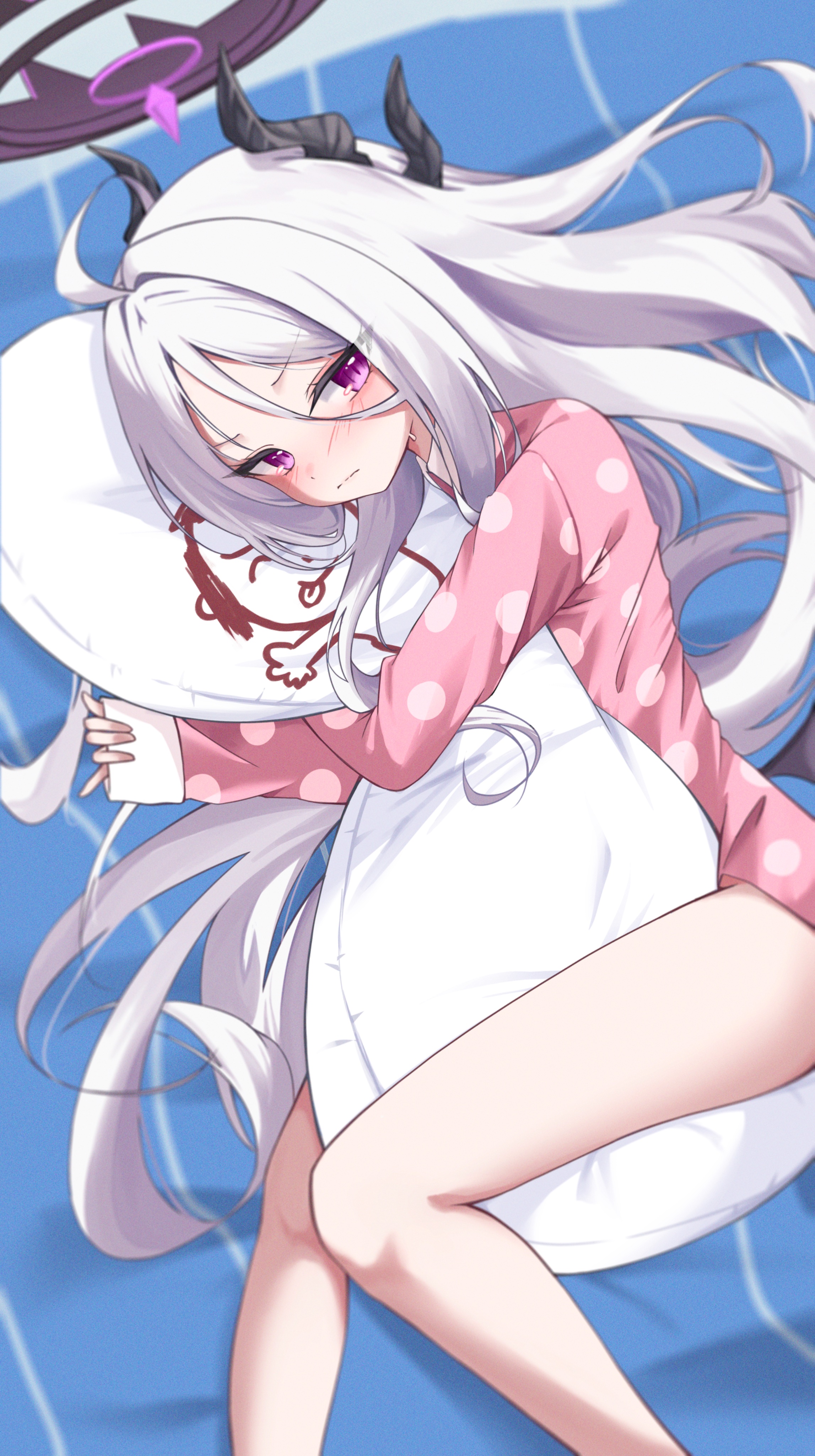 drawppyo, hina (blue archive), hina (pajamas) (blue archive), blue archive, absurdres, commentary, highres, symbol-only commentary, 1girl, black halo, black horns, blush, closed mouth, dakimakura (object), demon horns, halo, horns, hugging object, long hair, long sleeves, lying, multiple horns, official alternate costume, on side, pajamas, pillow, pink pajamas, purple eyes, solo, very long hair, white hair