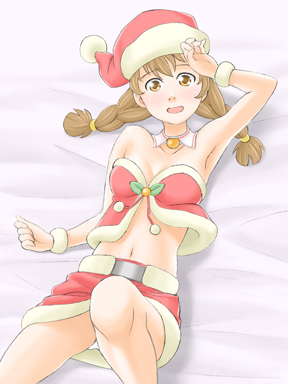 juicy, original, 1girl, arm up, armpits, blush, braid, breasts, brown eyes, brown hair, christmas, cleavage, female focus, hat, lying, midriff, navel, on back, open mouth, panties, santa costume, santa hat, skirt, smile, solo, twin braids, underwear