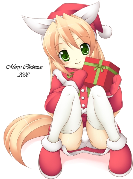 hizuki aki, twen tail, original, pixiv robot wars, pixiv robot wars 2, pixiv robot wars 2 after, 00s, 1girl, 2008, ass, blonde hair, blush, buttons, capelet, christmas, female focus, flat chest, fur trim, gift, green eyes, hair ribbon, hat, head tilt, holding, holding gift, loli, long hair, looking at viewer, mittens, panties, pantyshot, red mittens, ribbon, santa costume, santa hat, shadow, sitting, skirt, smile, solo, thighhighs, underwear, upskirt, very long hair, white panties, white thighhighs