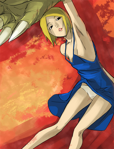 haruyama kazunori, kamitsuki yuka, kemonozume, 00s, 1girl, armpits, blonde hair, breasts, female focus, lipstick, makeup, nipple slip, nipples, panties, pantyshot, short hair, small breasts, solo, underwear