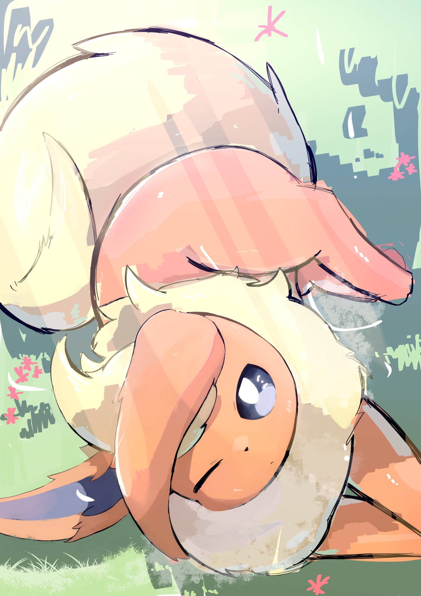 laia pk, flareon, nintendo, pokemon, highres, animal focus, blue eyes, gen 1 pokemon, grass, looking at viewer, lying, neck fur, no humans, on side, one eye closed, orange fur, outdoors, pokemon (creature), pokemon focus, solo, tail, yellow fur