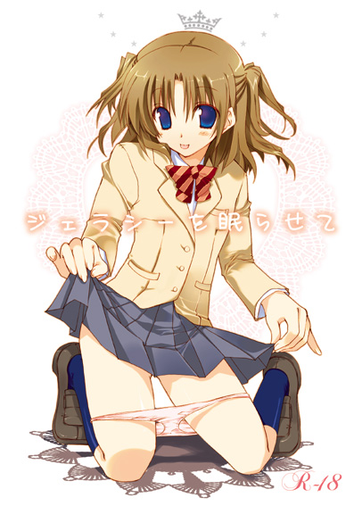 takanae kyourin, original, blazer, blue eyes, clothes lift, crown, jacket, panties, panty pull, school uniform, skirt, skirt lift, solo, twintails, underwear