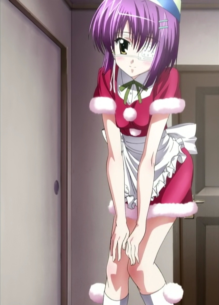 sugiyama nobuhiro, shindou chihiro, ef (visual novel), anime screenshot, stitched, third-party edit, 00s, eyepatch, leaning forward, purple hair, santa costume, solo, yellow eyes