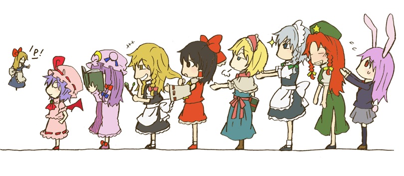 charin, alice margatroid, hakurei reimu, hong meiling, izayoi sakuya, kirisame marisa, patchouli knowledge, reisen udongein inaba, remilia scarlet, shanghai doll, touhou, silver hair, bad id, bad pixiv id, photoshop (medium), 6+girls, animal ears, black hair, blonde hair, blue hair, book, braid, crescent, crescent hat ornament, detached sleeves, doll, dress, female focus, flat color, hat, hat ornament, japanese clothes, maid, miko, multiple girls, purple hair, rabbit ears, red hair, simple background, skirt, sleeping, twin braids, white background, wings