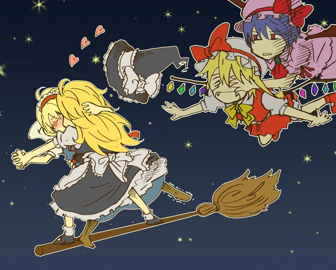 charin, alice margatroid, flandre scarlet, kirisame marisa, remilia scarlet, touhou, bad id, bad pixiv id, 4girls, blonde hair, blue hair, broom, broom surfing, couple, covering another's eyes, covering face, covering own eyes, covering privates, dress, female focus, flat color, flying, hairband, hat, heart, holding hands, kiss, mob cap, multiple girls, outdoors, red eyes, short hair, skirt, sky, star (symbol), trembling, vampire, wings, witch, witch hat, yuri