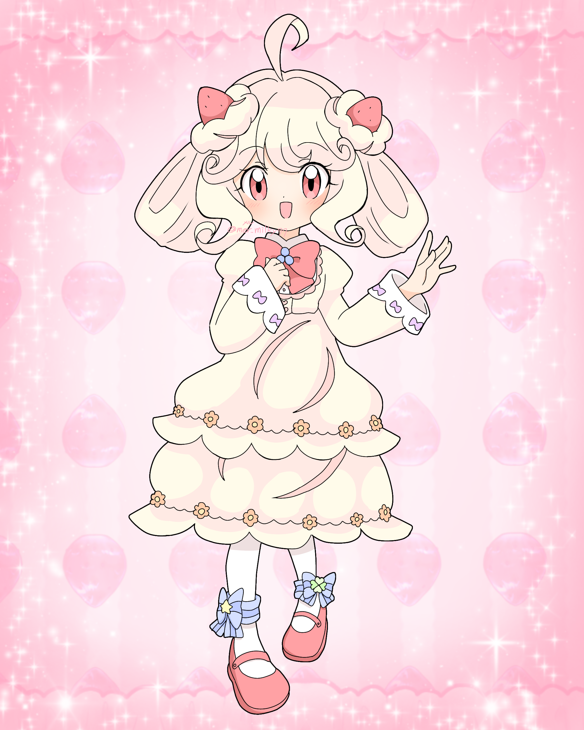 meru (mer milky77), alcremie, alcremie (strawberry sweet), alcremie (vanilla cream), nintendo, pokemon, absurdres, commentary request, highres, 1girl, :d, ahoge, blush, bow, bowtie, dress, food-themed hair ornament, full body, gen 8 pokemon, hair ornament, humanization, juliet sleeves, long sleeves, looking at viewer, mary janes, medium hair, open mouth, pantyhose, puffy sleeves, red bow, red bowtie, red shoes, shoes, smile, solo, sparkle, standing, strawberry hair ornament, white dress, white hair, white pantyhose