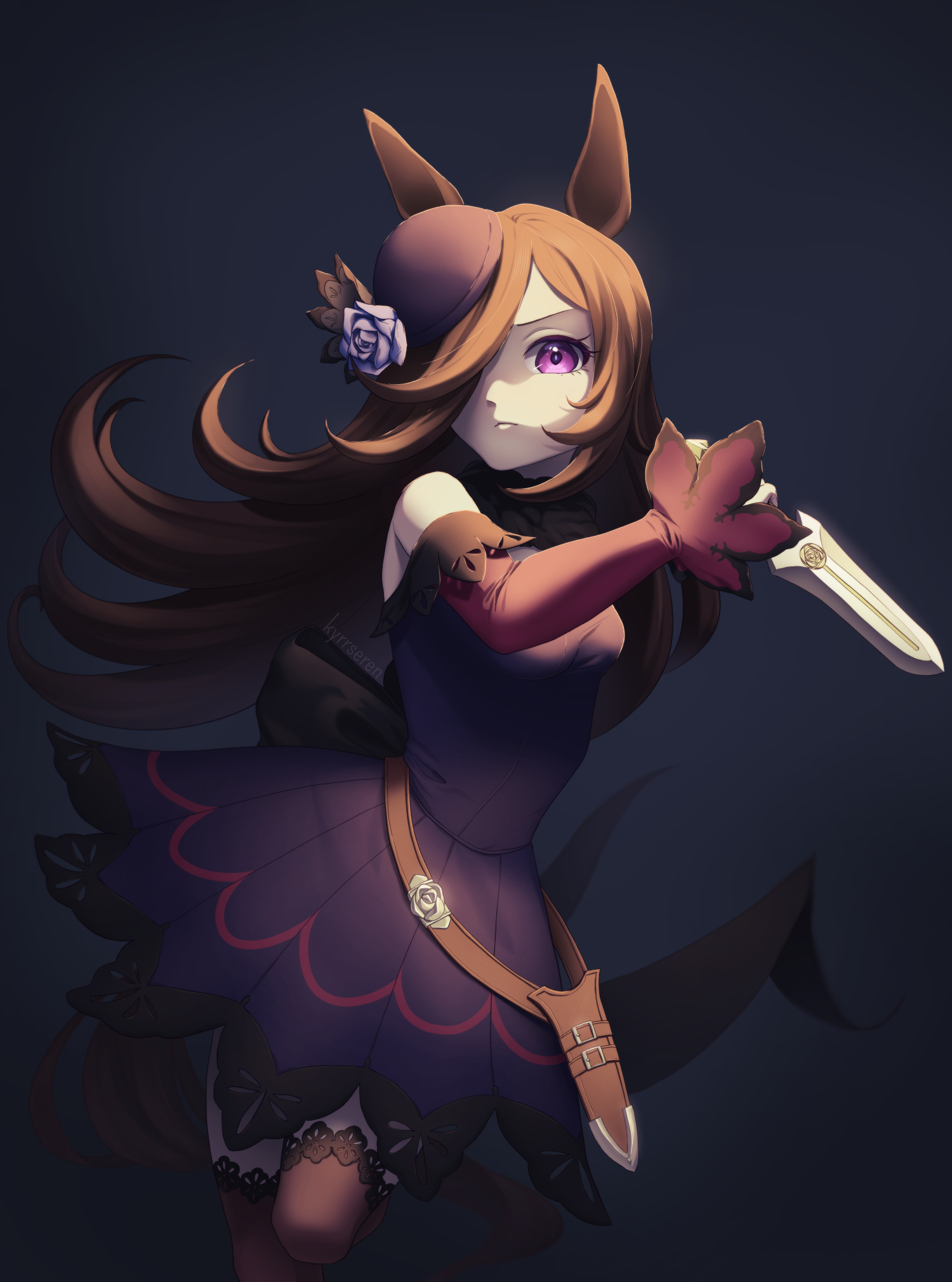 rice shower (rosy dreams) (umamusume), rice shower (umamusume), umamusume, highres, 1girl, animal ears, bare shoulders, black thighhighs, blue dress, blue flower, blue hat, blue rose, breasts, brown hair, closed mouth, dagger, dress, fascinator, flipped hair, flower, hair over one eye, hat, hat flower, holding, holding dagger, holding knife, holding weapon, horse ears, horse girl, horse tail, knife, kyrrseren, long hair, long sleeves, looking at viewer, off-shoulder dress, off shoulder, purple dress, purple eyes, rose, simple background, solo, tail, thighhighs, tilted headwear, weapon