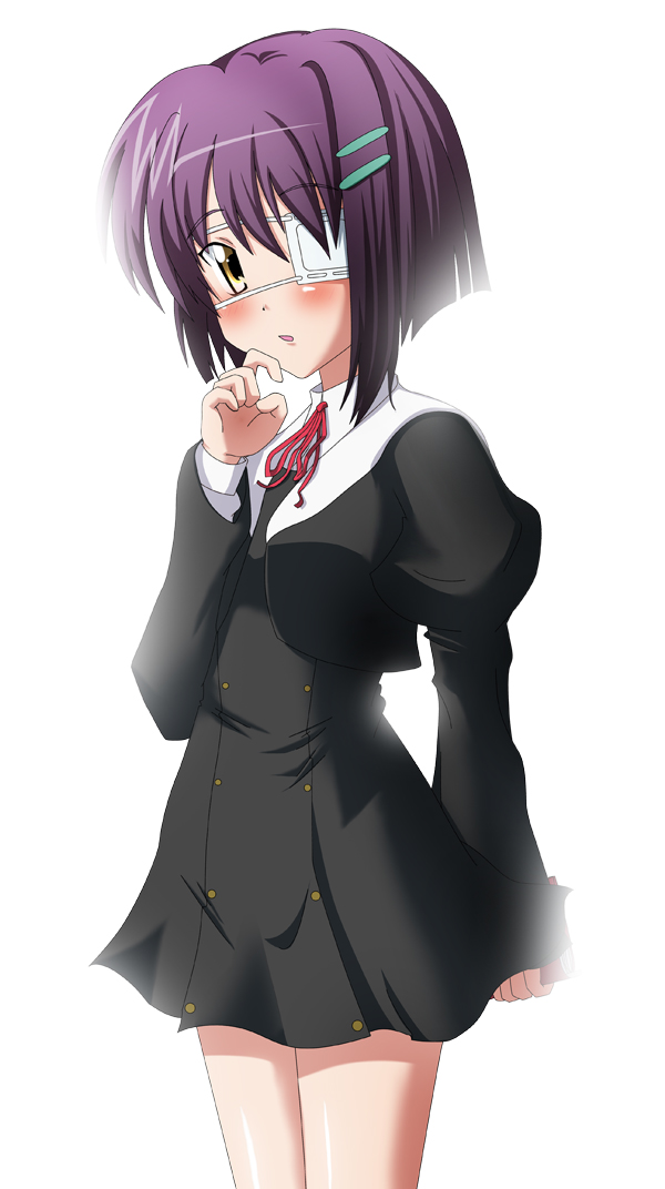 yasuhito, shindou chihiro, ef (visual novel), 00s, blush, eyepatch, purple hair, school uniform, short hair, yellow eyes
