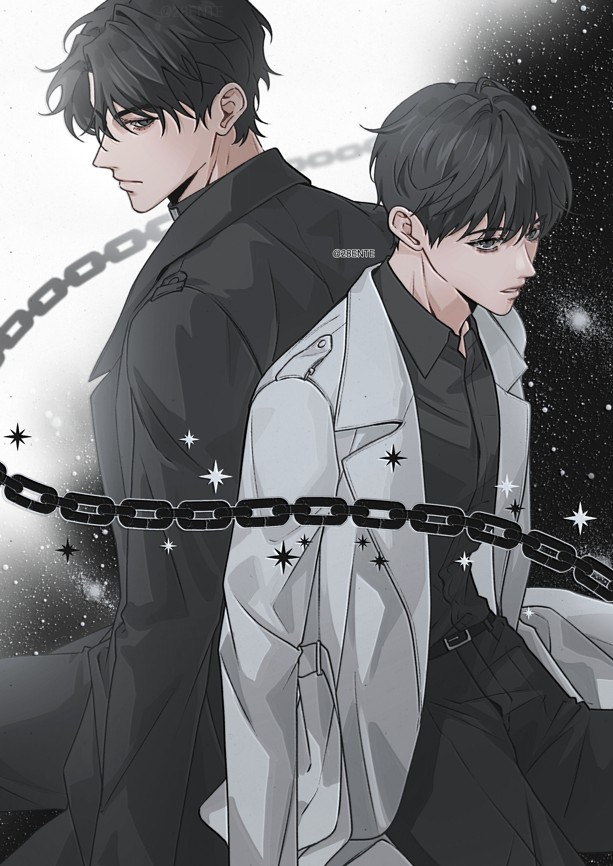 kim dokja, yoo joonghyuk, omniscient reader's viewpoint, absurdres, highres, 28ente, 2boys, back-to-back, bags under eyes, black coat, black eyes, black hair, black shirt, chain, coat, collared shirt, looking at another, looking back, male focus, multiple boys, night, night sky, parted lips, shirt, short hair, sitting, sky, slouching, sparkle, white coat