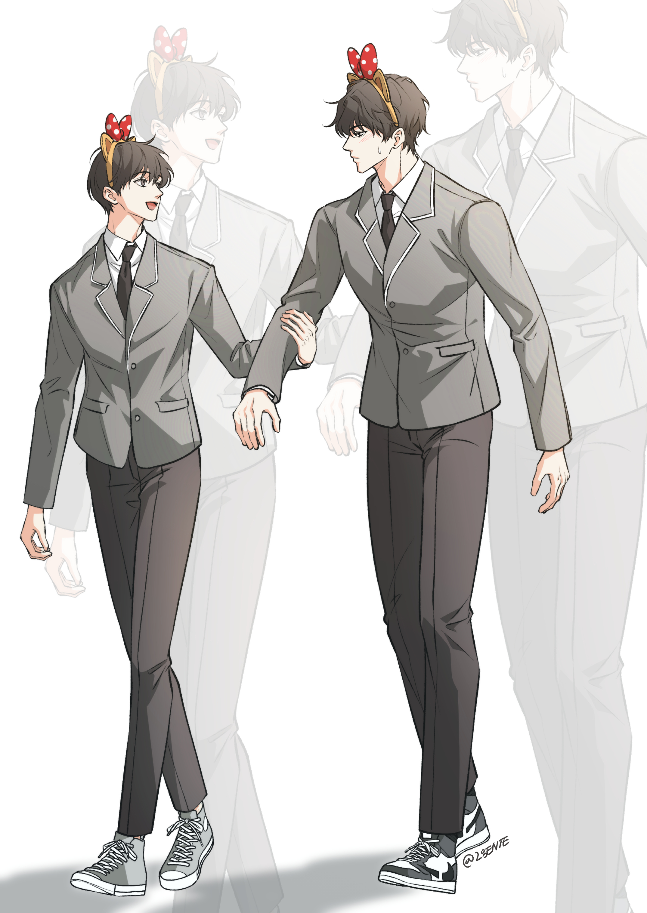 kim dokja, yoo joonghyuk, omniscient reader's viewpoint, absurdres, highres, 28ente, 2boys, :d, alternate costume, animal ears, black eyes, black hair, black necktie, blush, collared shirt, full body, grey vest, grin, hand on another's arm, headband, looking at another, matching outfits, mouse ears, multiple boys, necktie, open mouth, shadow, shirt, shoes, short hair, smile, sneakers, sweatdrop, talking, vest, walking, white shirt, zoom layer