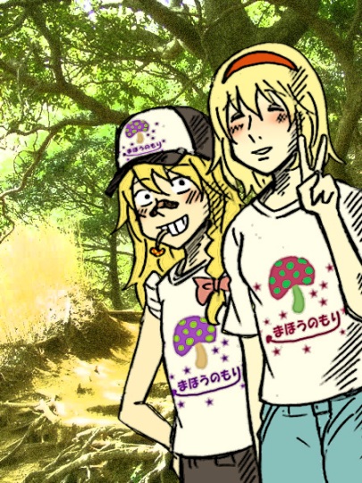 charin, alice margatroid, kirisame marisa, touhou, bad id, bad pixiv id, 2girls, blonde hair, braid, clothes writing, denim, female focus, hairband, jeans, multiple girls, pants, parody, redneck, shirt, t-shirt, tree, v