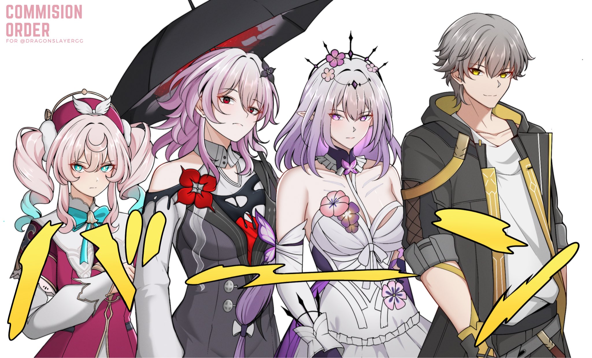 centauri-d, caelus (honkai: star rail), castorice (honkai: star rail), evernight (honkai: star rail), hyacine (honkai: star rail), march 7th (honkai: star rail), trailblazer (honkai: star rail), honkai: star rail, honkai (series), jojo no kimyou na bouken, stardust crusaders, commission, highres, 1boy, 3girls, grey hair, let's hit the road (jojo), multiple girls, pink hair, purple eyes, red eyes, scene reference, simple background, upper body, white background, yellow eyes