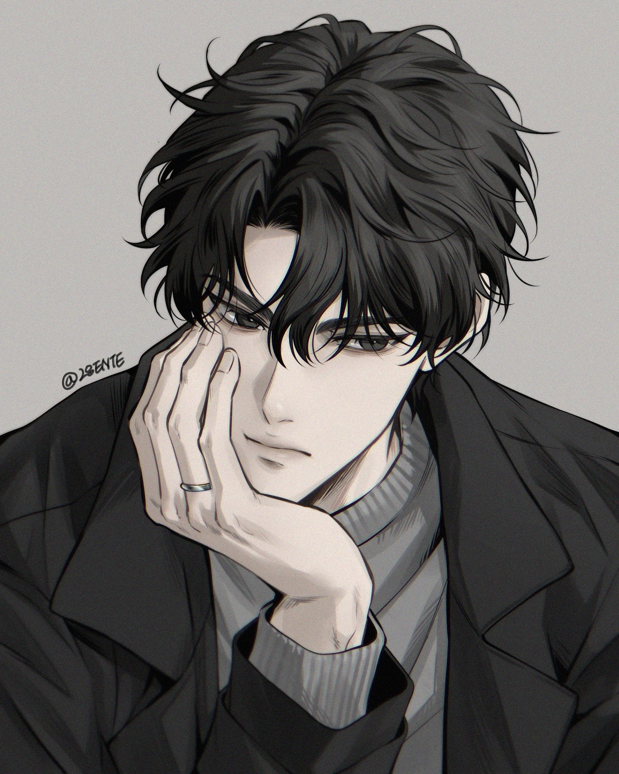 yoo joonghyuk, omniscient reader's viewpoint, absurdres, highres, 1boy, 28ente, aegyo sal, averting eyes, black coat, black eyes, black hair, blank stare, coat, curtained hair, grey shirt, hand on own chin, jewelry, male focus, messy hair, ring, serious, shirt, short hair, solo, upper body, wedding ring