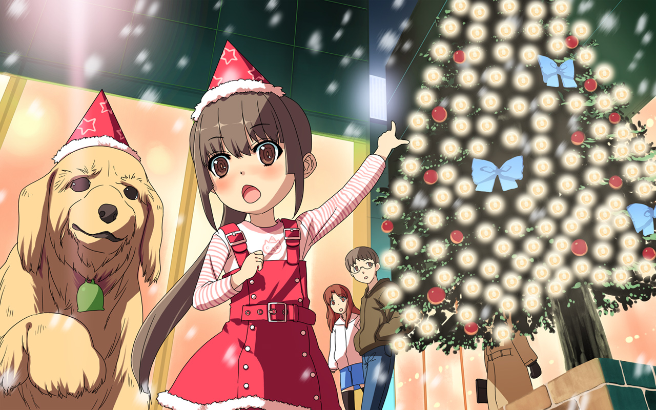 okina ika, original, eyebrows, 1boy, 1other, 2girls, black thighhighs, blue pants, blue skirt, blush, bow, brown eyes, brown hair, brown jacket, child, christmas, christmas lights, christmas ornaments, christmas tree, dog, dot nose, dress, fur-trimmed headwear, fur trim, glasses, hair between eyes, hat, jacket, long hair, long sleeves, multiple girls, open mouth, outdoors, pants, party hat, pinafore dress, pink jacket, pointing, ponytail, red dress, shirt, short hair, sidelocks, skirt, sleeveless, sleeveless dress, snow, standing, striped clothes, striped shirt, striped sleeves, thighhighs, very long hair