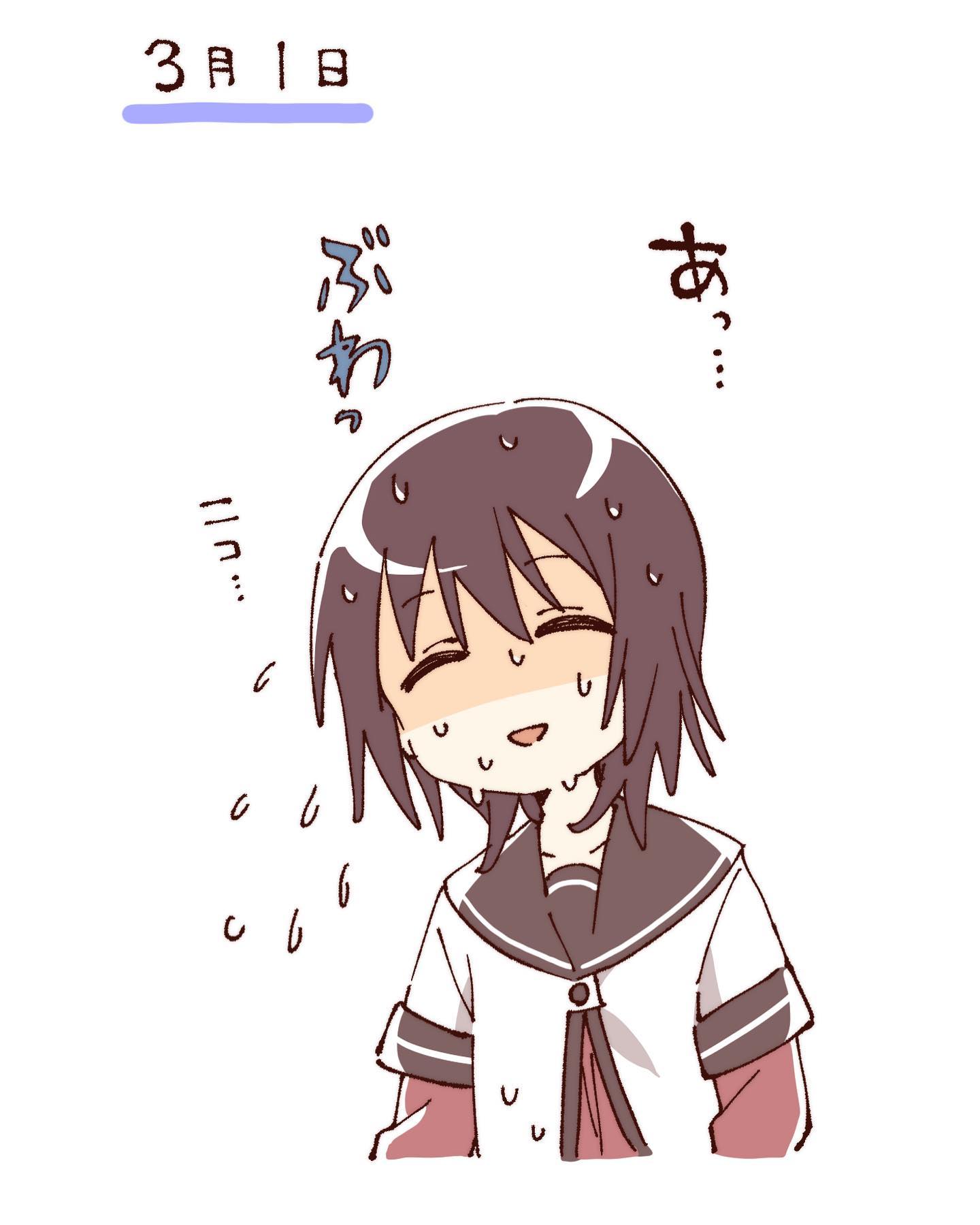 namori, funami yui, yuruyuri, hashtag-only commentary, highres, translation request, 1girl, :d, brown hair, brown sailor collar, closed eyes, cropped torso, dress, flying sweatdrops, layered sleeves, long sleeves, nanamori school uniform, open mouth, pleated dress, red dress, sailor collar, school uniform, shirt, short hair, short over long sleeves, short sleeves, simple background, smile, solo, sweat, white background, white shirt, winter uniform