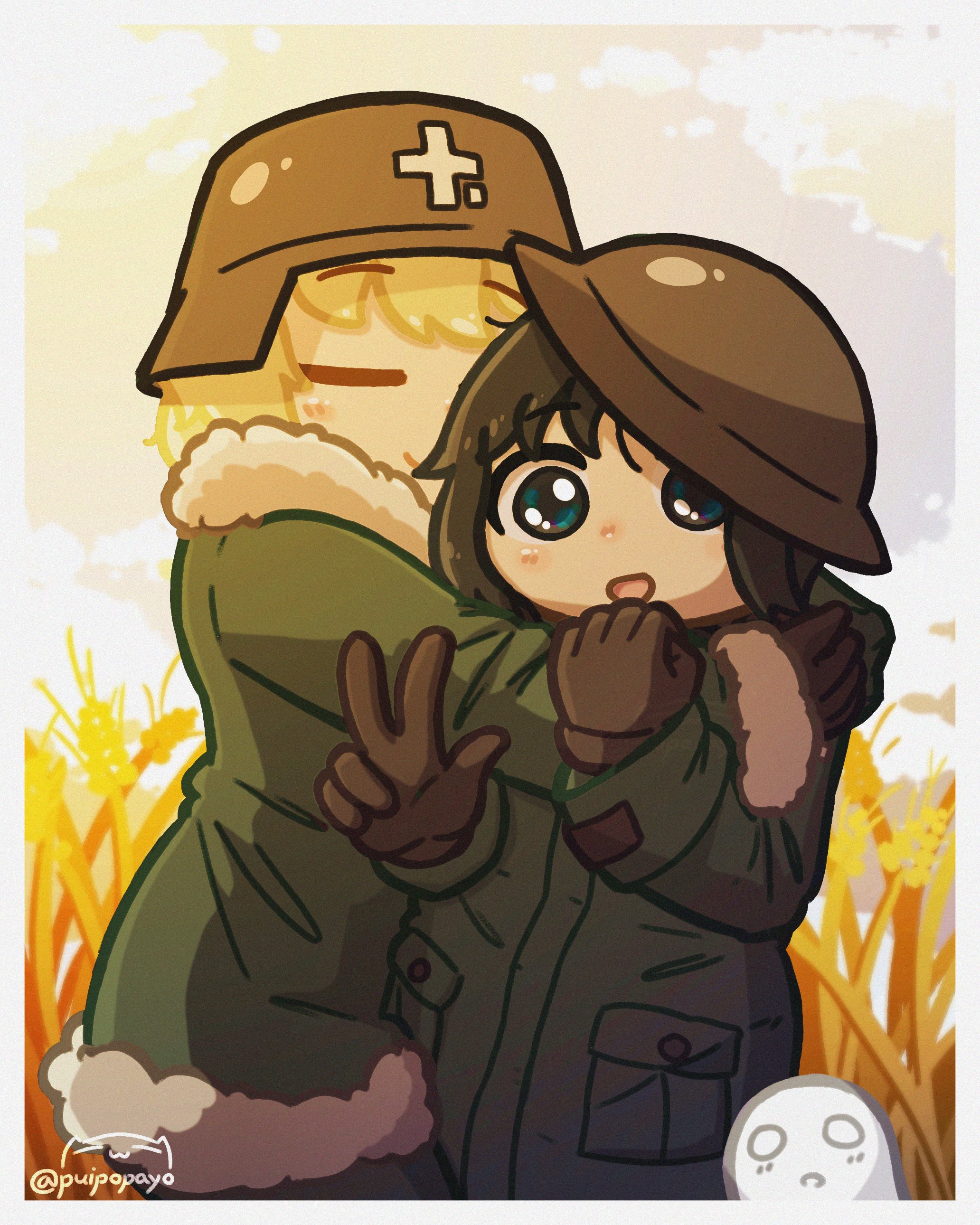 chito (shoujo shuumatsu ryokou), nuko (shoujo shuumatsu ryokou), yuuri (shoujo shuumatsu ryokou), shoujo shuumatsu ryokou, absurdres, highres, 2girls, :d, artist name, black gloves, black hair, blonde hair, blue eyes, brodie helmet, closed eyes, cloud, cloudy sky, coat, combat helmet, fur-trimmed coat, fur trim, gloves, green coat, helmet, hug, military uniform, multiple girls, open mouth, puipopayo, sky, smile, stahlhelm, sunset, w, wheat field
