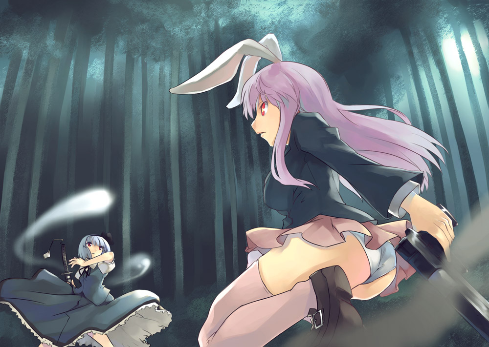 mikage sekizai, konpaku youmu, konpaku youmu (ghost), reisen udongein inaba, touhou, 2girls, animal ears, ass, bamboo, bamboo forest, battle, breasts, female focus, forest, from behind, from below, full moon, gun, hip focus, hitodama, katana, mary janes, moon, multiple girls, nature, night, outdoors, panties, pantyshot, rabbit ears, shirt, shoes, skirt, skirt set, sword, thighhighs, underwear, upskirt, vest, weapon, white panties
