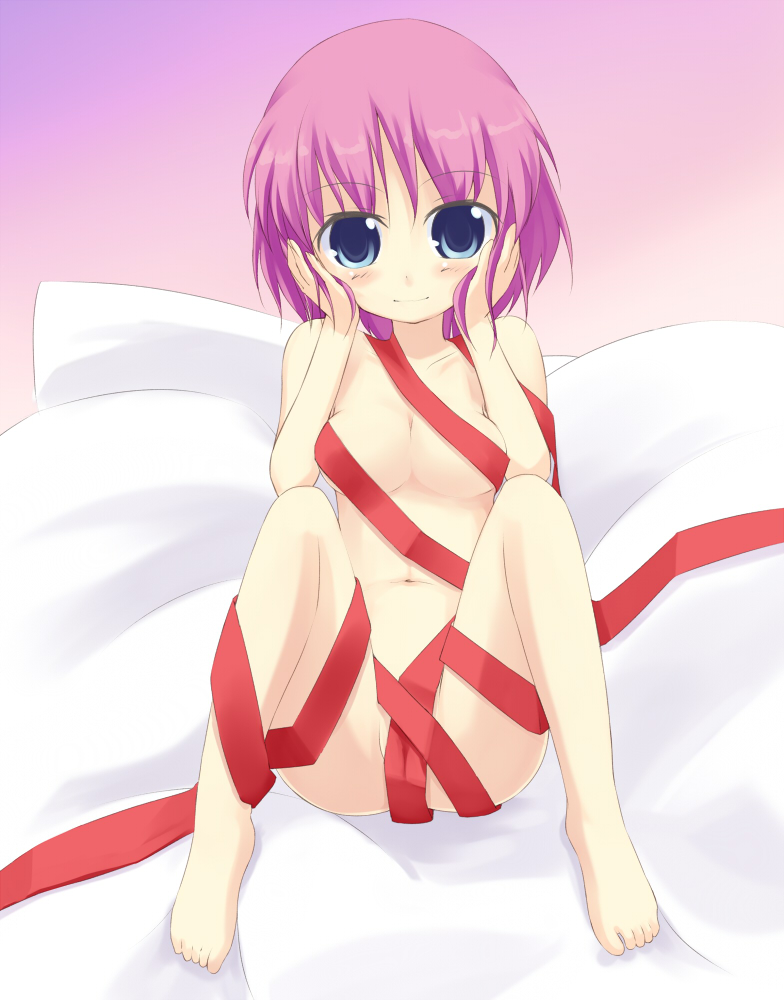 kuro (be ok), original, bad id, bad pixiv id, 1girl, barefoot, blue eyes, blush, breasts, censored, convenient censoring, feet, female focus, naked ribbon, nude, pink hair, ribbon, short hair, small breasts, smile, solo