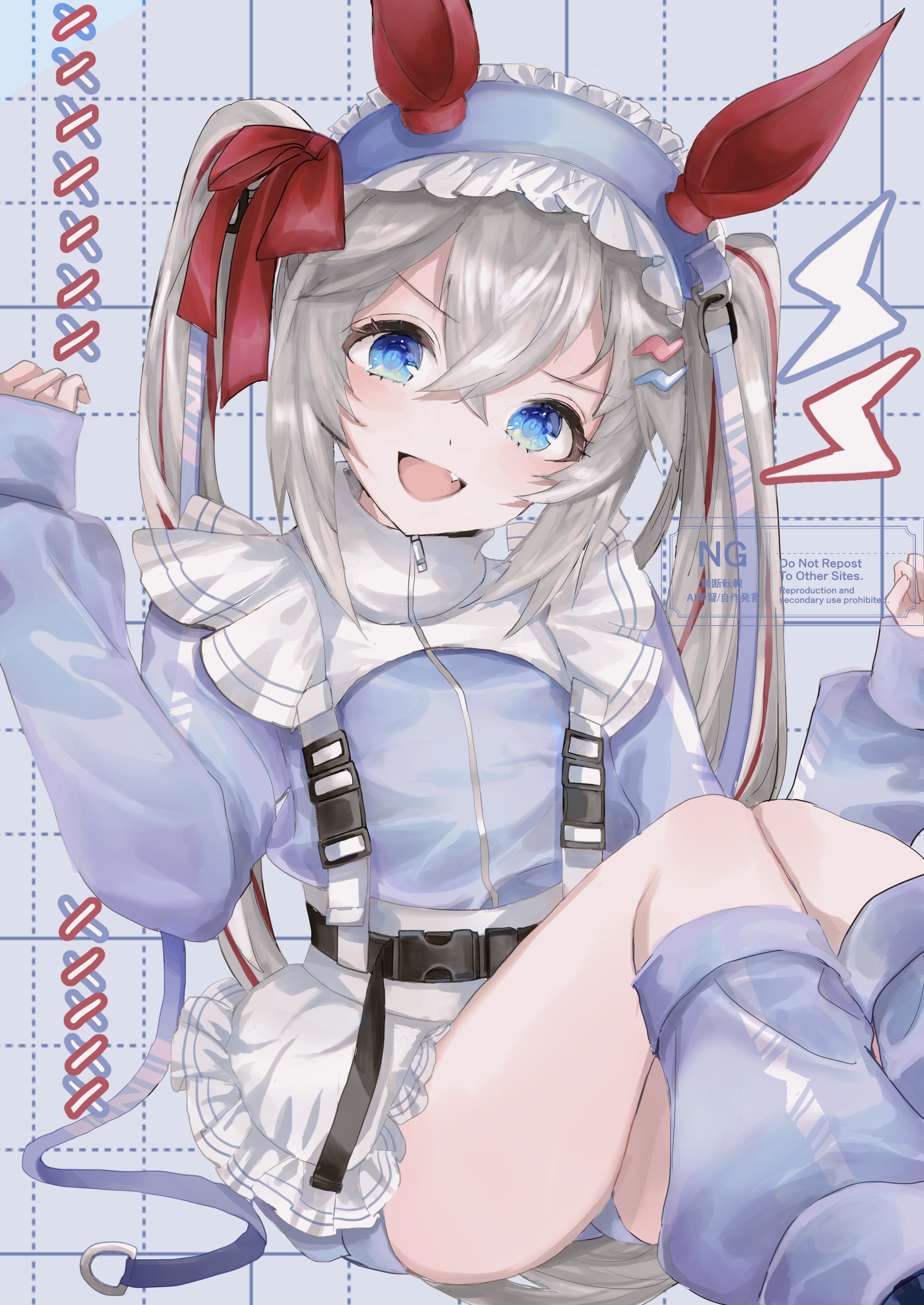 tamamo cross (umamusume), umamusume, umamusume: cinderella gray, absurdres, highres, 1girl, alternate costume, animal ears, apron, blue eyes, blue headdress, blue jacket, blue shorts, blue socks, blush, bow, ear covers, ear ornament, fang, frilled apron, frills, grey hair, grey tail, hair between eyes, horse ears, horse girl, horse tail, jacket, jersey maid, long hair, long sleeves, looking at viewer, loose socks, maid, maid apron, maid headdress, multicolored hair, open mouth, re tie, red bow, red hair, shorts, smile, socks, solo, streaked hair, tail, thighs, track jacket, twintails, unconventional maid, very long hair, waist apron, white apron