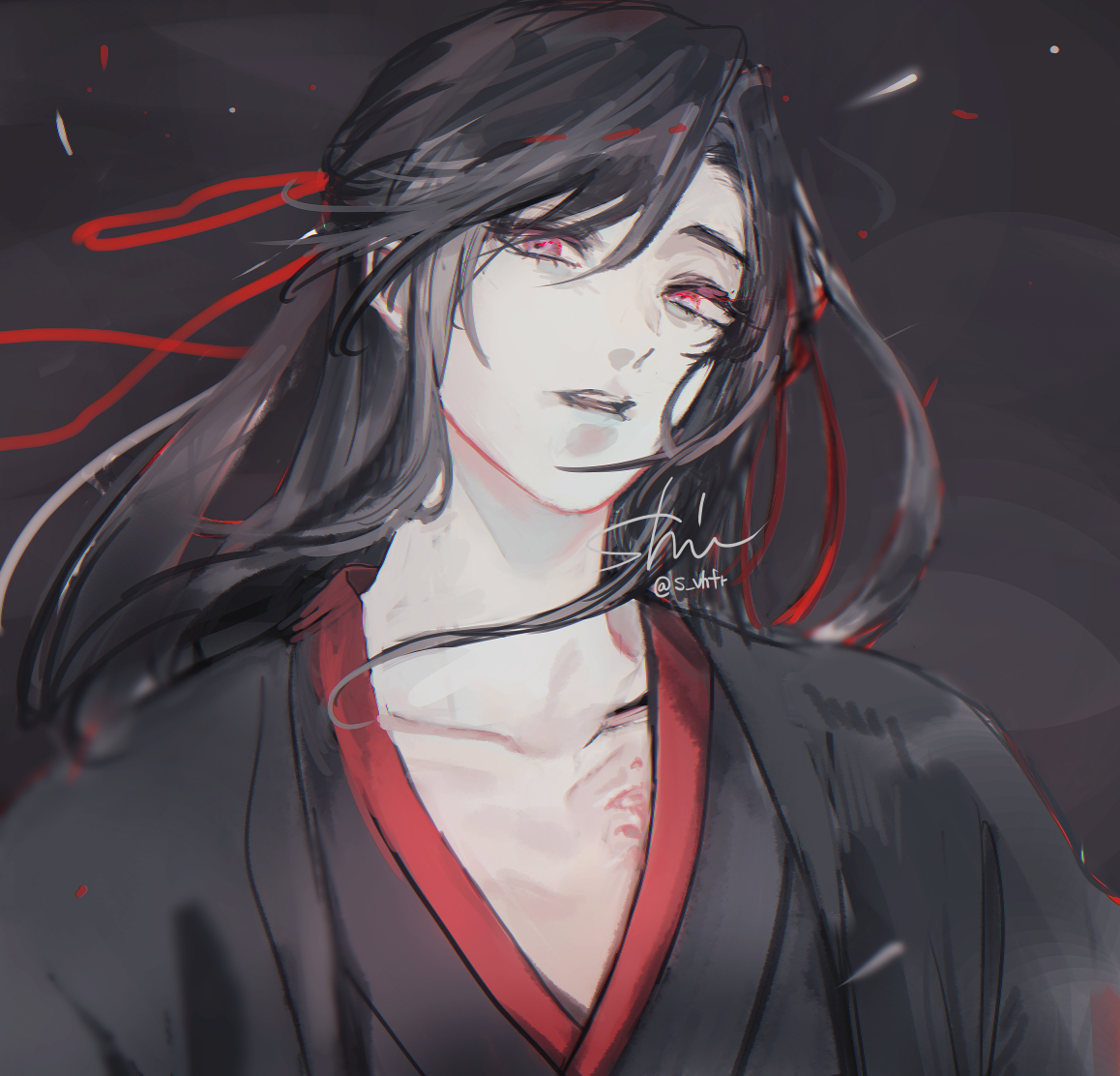 konno shimako, wei wuxian, wei wuxian (yiling laozu), modao zushi, 1boy, bishounen, black background, black coat, black hair, black hanfu, branded, chinese clothes, coat, collarbone, eyelashes, floating hair, hair down, hair ribbon, half updo, hanfu, long hair, looking at viewer, male focus, official alternate costume, official alternate hairstyle, open clothes, open coat, open mouth, parted lips, red eyes, red ribbon, ribbon, robe, scar, scar on chest, sidelocks, signature, solo, twitter username, upper body