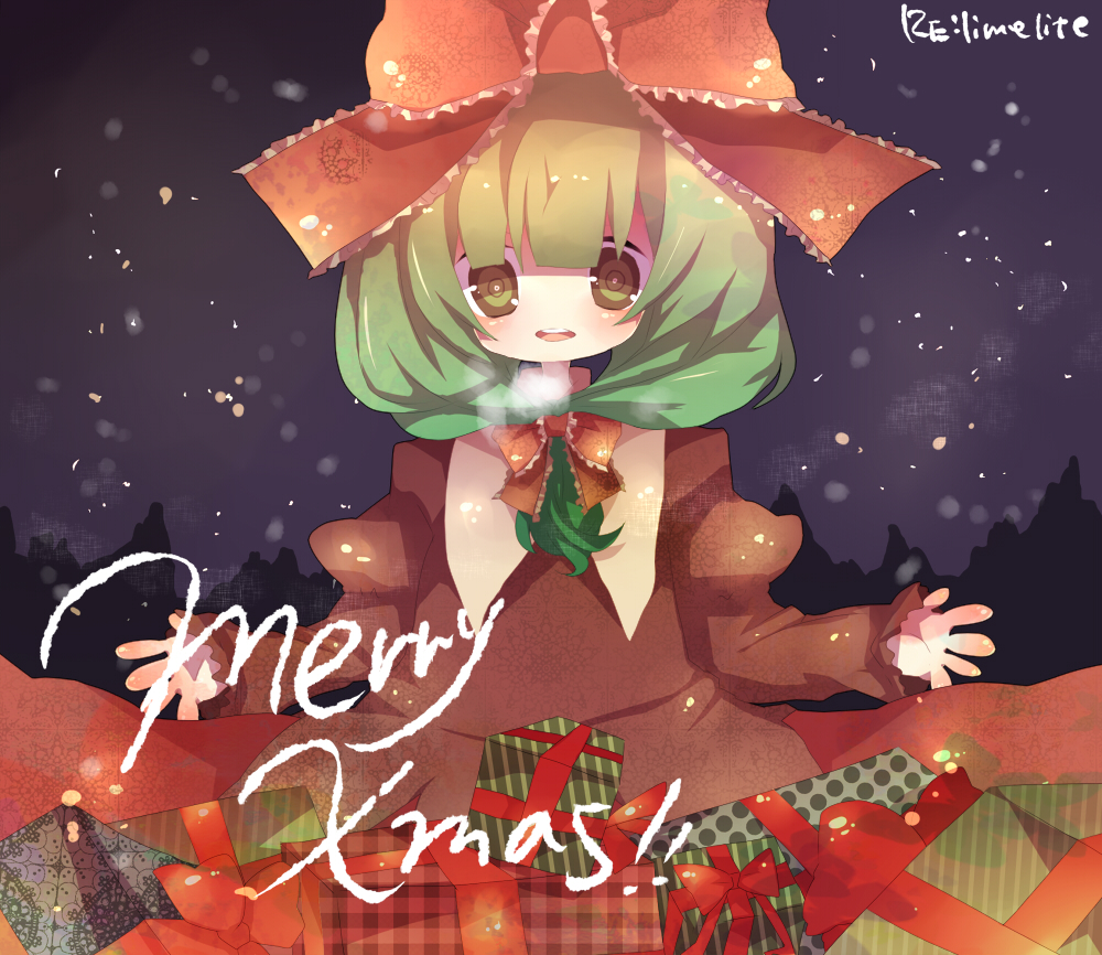 kagiyama hina, touhou, 1girl, christmas, female focus, front ponytail, green eyes, green hair, matching hair/eyes, snowing, solo