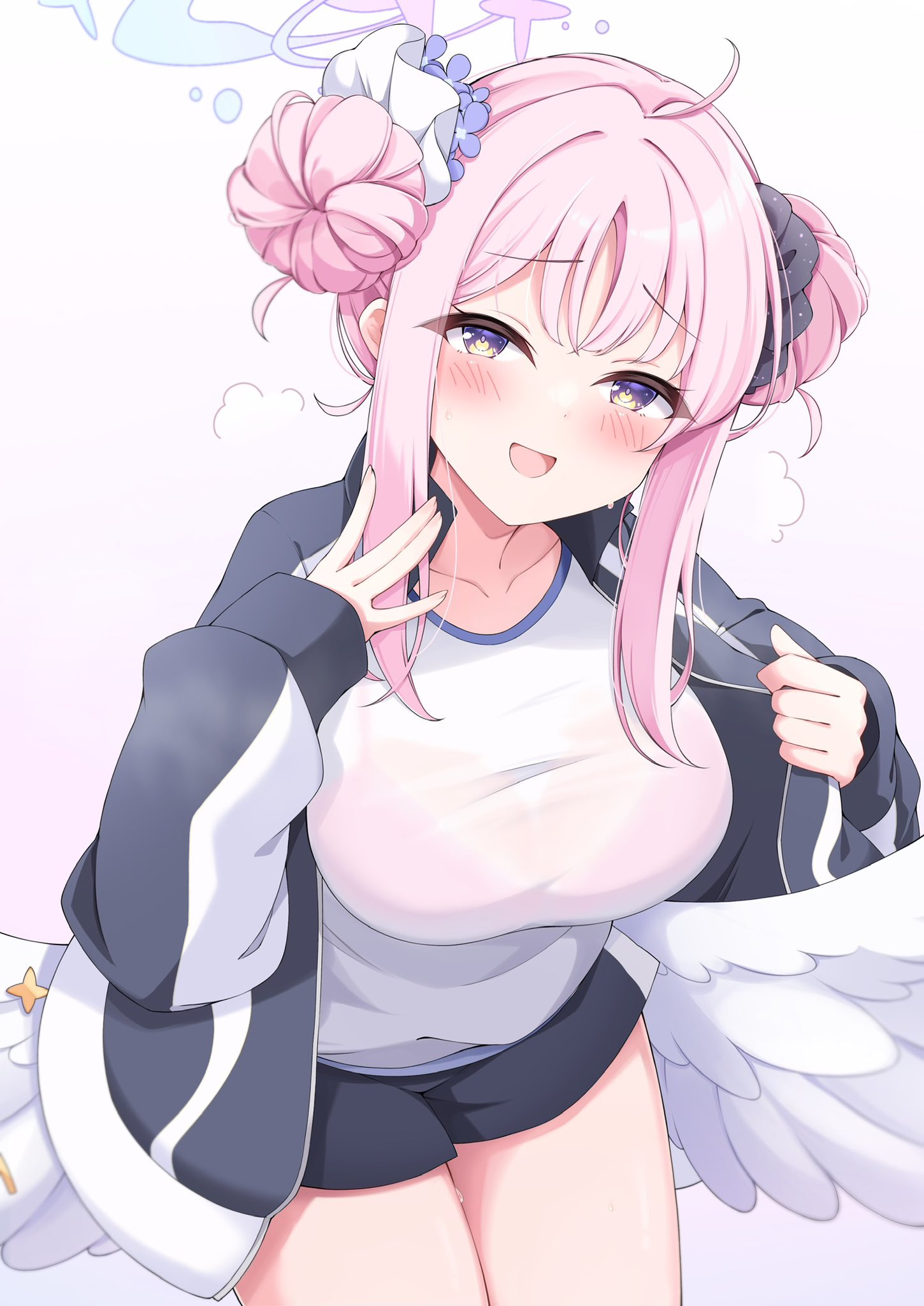 tenshoo, mika (blue archive), mika (track) (blue archive), blue archive, commentary request, highres, 1girl, :d, black jacket, blush, bra, bra visible through clothes, breasts, collarbone, double bun, feathered wings, hair bun, hands up, jacket, large breasts, long hair, looking at viewer, low wings, official alternate costume, open clothes, open jacket, open mouth, pink bra, pink hair, see-through clothes, shirt, simple background, smile, solo, underwear, white background, white shirt, white wings, wings, yellow eyes