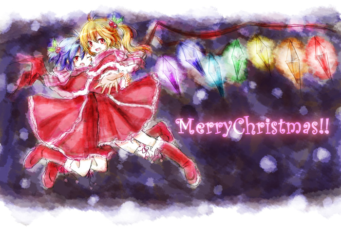 miya (tsumazukanai), flandre scarlet, remilia scarlet, touhou, 2girls, alternate costume, christmas, dress, female focus, multiple girls, purple background, rainbow order, red dress, siblings, sisters