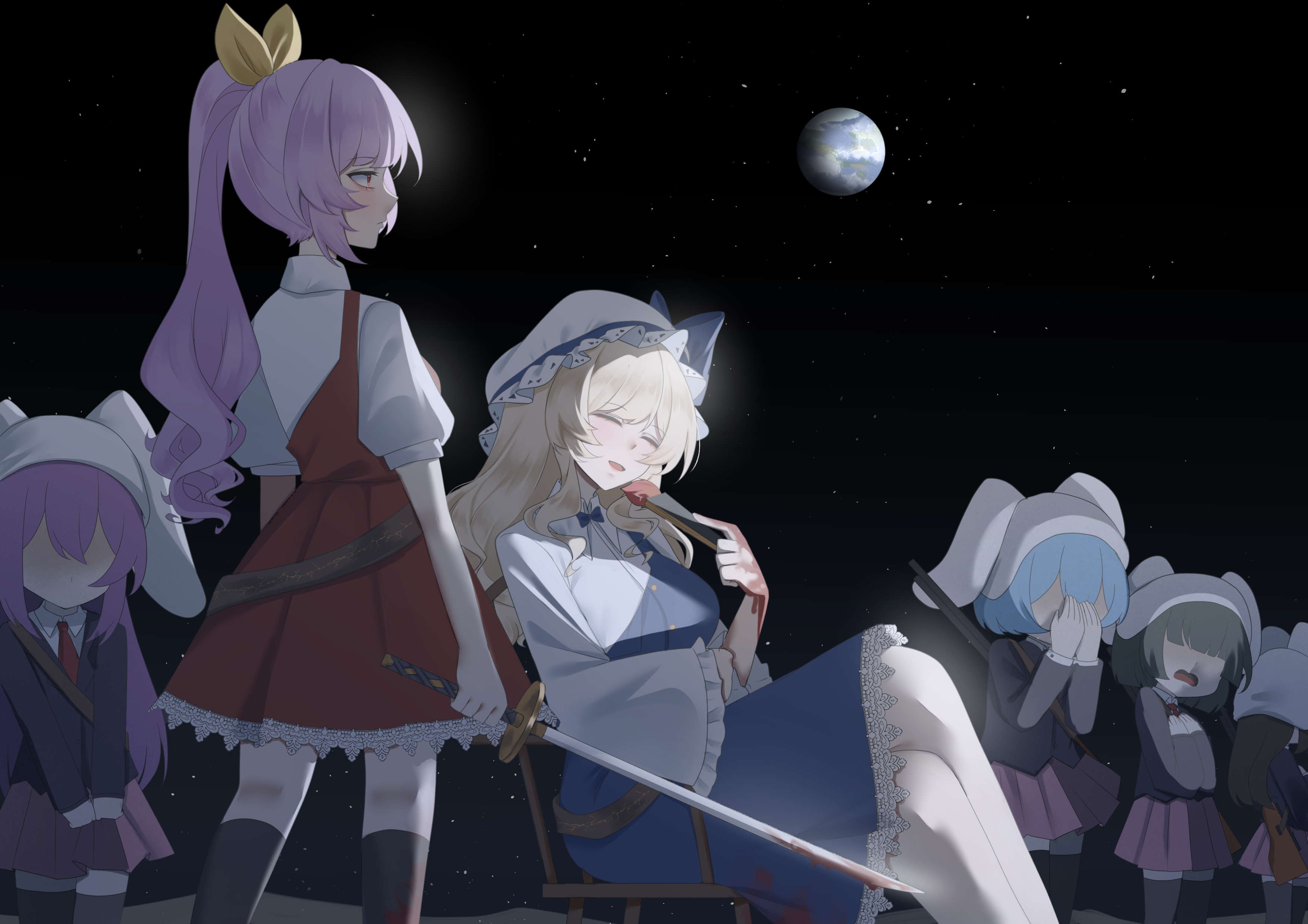 no noru, moon rabbit extra (touhou), reisen (touhou bougetsushou), watatsuki no toyohime, watatsuki no yorihime, touhou, absurdres, commentary, highres, 6+girls, animal ears, black jacket, black thighhighs, blonde hair, blood, blood on clothes, blood on hands, bloody weapon, blue dress, breasts, chair, closed eyes, collared shirt, covering face, dress, earth (planet), folded fan, folding fan, gun, hand fan, hat, holding, holding fan, holding sword, holding weapon, jacket, long sleeves, multiple girls, no eyes, on chair, open mouth, pink hair, pink skirt, planet, pleated skirt, puffy short sleeves, puffy sleeves, rabbit ears, rabbit girl, red dress, rifle, shirt, short sleeves, siblings, single strap, sisters, sitting, skirt, smile, star (sky), sword, thighhighs, weapon, weapon on back, white hat, white shirt, wide sleeves