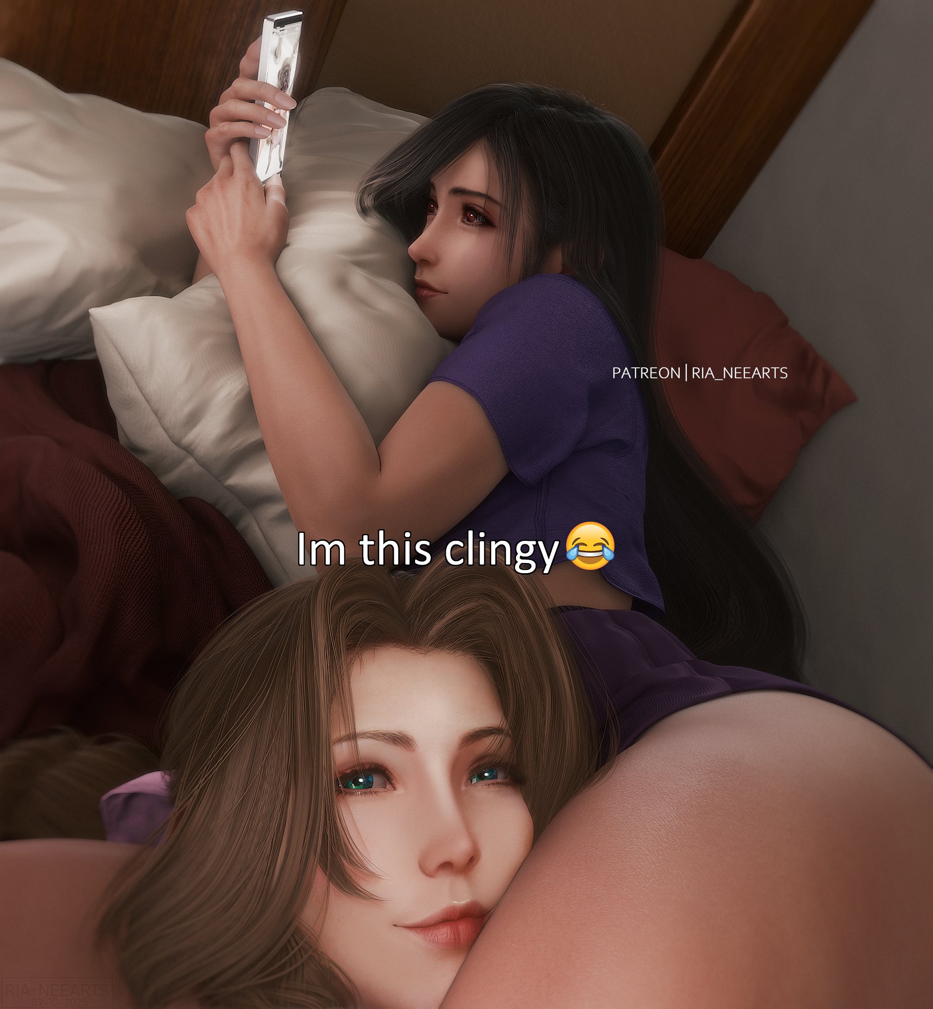 ria (baka-neearts), aerith gainsborough, tifa lockhart, final fantasy, final fantasy vii, final fantasy vii remake, commentary, highres, 2girls, bed, bedroom, black hair, braid, braided ponytail, brown hair, crop top, curtained hair, green eyes, long hair, looking at phone, looking at viewer, meme, multiple girls, on bed, pajamas, parted bangs, phone, pillow, purple pajamas, red eyes, thick lips