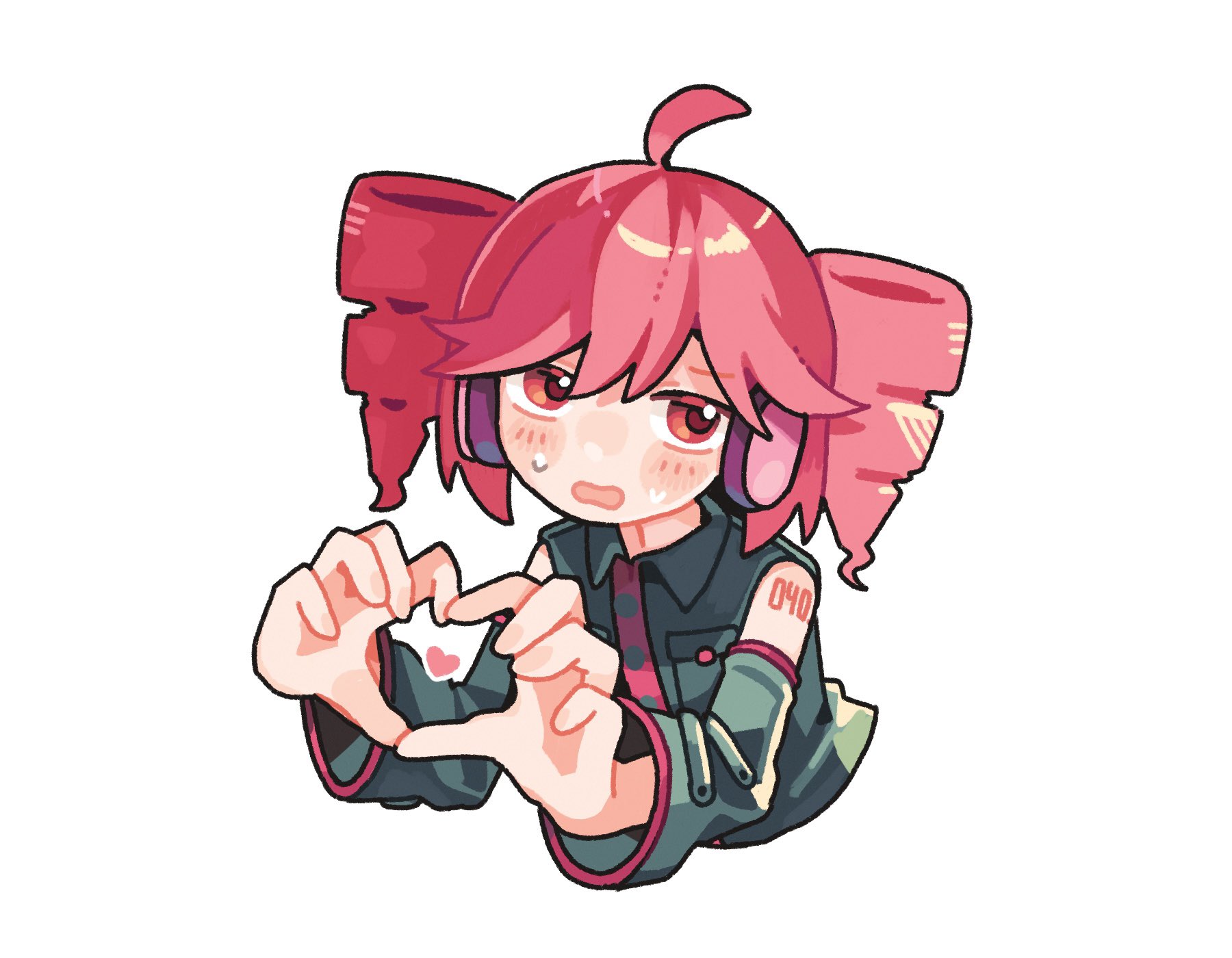 tabunnanhun, kasane teto, kasane teto (utau), utau, commentary, highres, symbol-only commentary, 1girl, ahoge, bare shoulders, blush stickers, buttons, collared shirt, cropped torso, detached sleeves, drill hair, four-finger heart hands, green shirt, green sleeves, headphones, heart, heart hands, heart in heart hands, long sleeves, looking to the side, number tattoo, open mouth, red eyes, red hair, shirt, short hair, shoulder tattoo, simple background, sleeveless, sleeveless shirt, solo, sweatdrop, tattoo, twin drills, white background