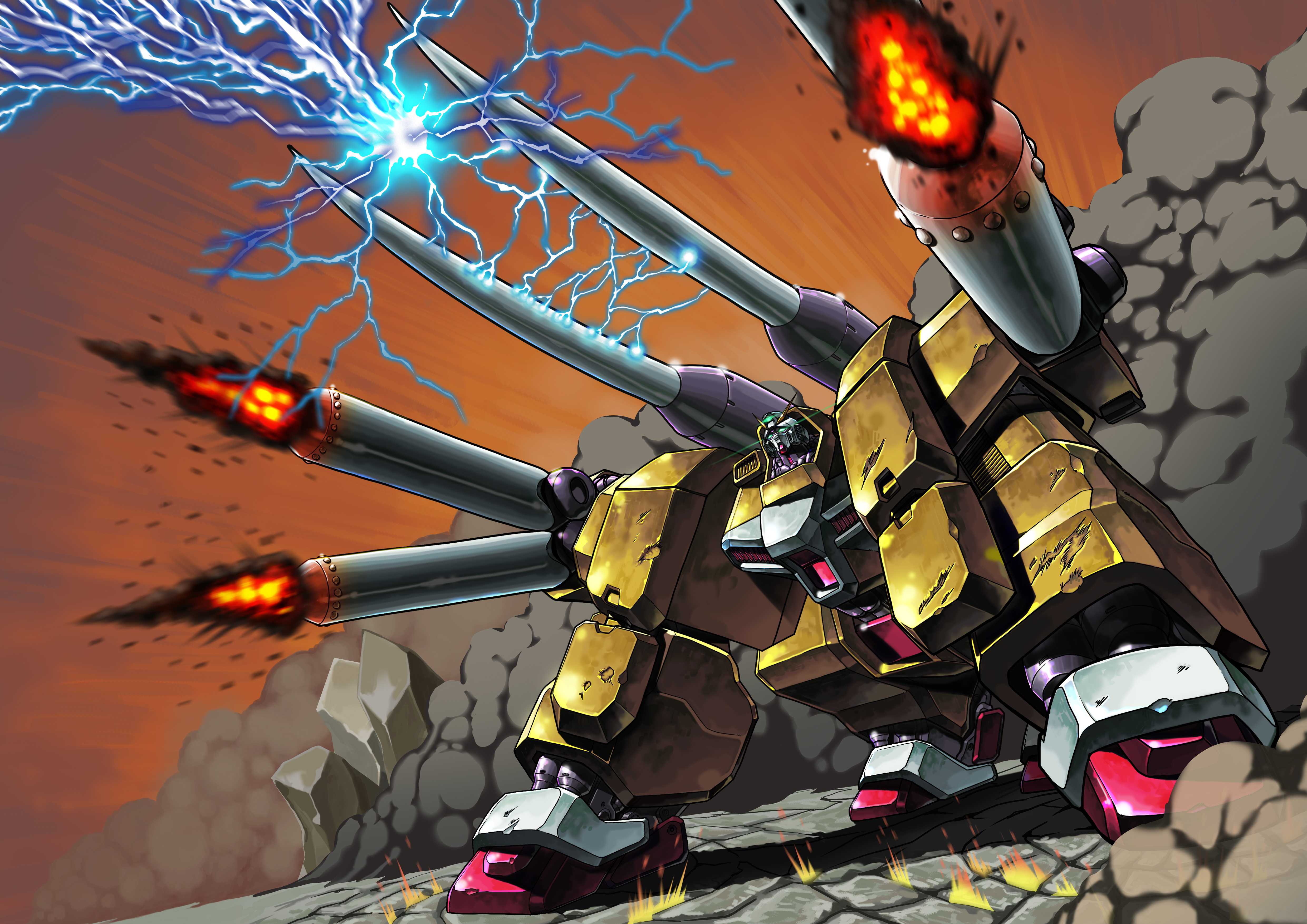 g gundam, gundam, absurdres, highres, korean commentary, mixed-language commentary, all fours, armor, cannon, dutch angle, fire, glowing, glowing eyes, grand gundam, green eyes, mecha, mecha focus, no humans, no pupils, piston, rnjswns21, robe, robot, rock, science fiction, shoulder cannon, small head, solo, v-fin, white robe