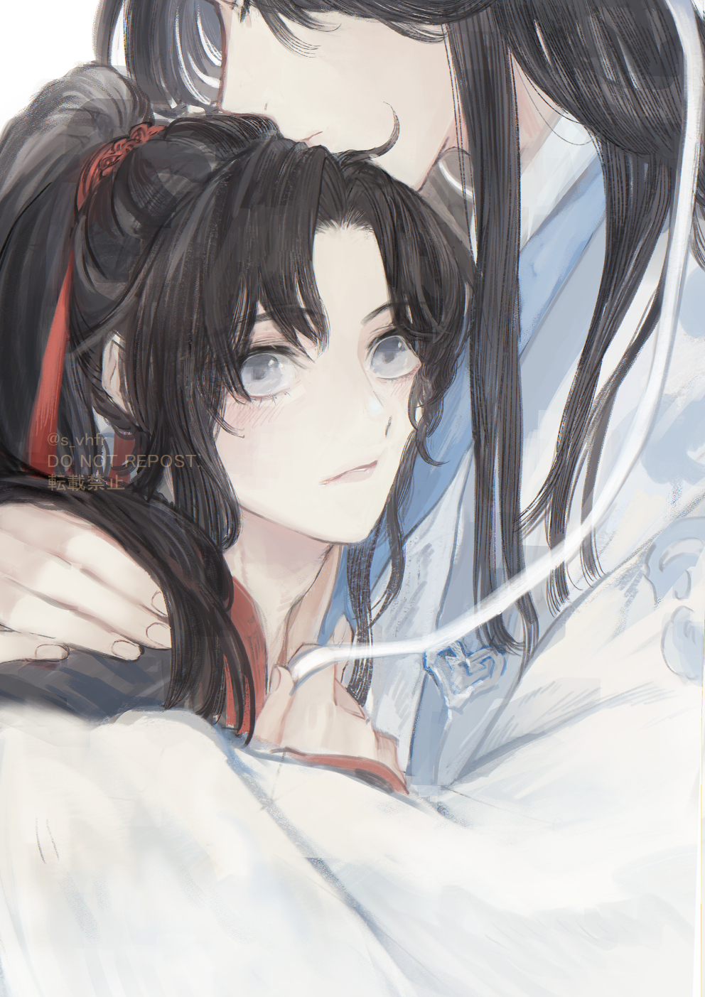 konno shimako, lan wangji, wei wuxian, modao zushi, highres, 2boys, ahoge, bishounen, black hair, black hanfu, blush, chinese clothes, closed eyes, closed mouth, couple, eyelashes, grey eyes, hair ribbon, hand on another's shoulder, hanfu, high ponytail, holding, holding ribbon, hug, long hair, long sleeves, looking at viewer, male focus, multiple boys, parted bangs, parted lips, ponytail, red ribbon, ribbon, robe, sidelocks, simple background, twitter username, upper body, watermark, white background, white hanfu, white ribbon, wide sleeves