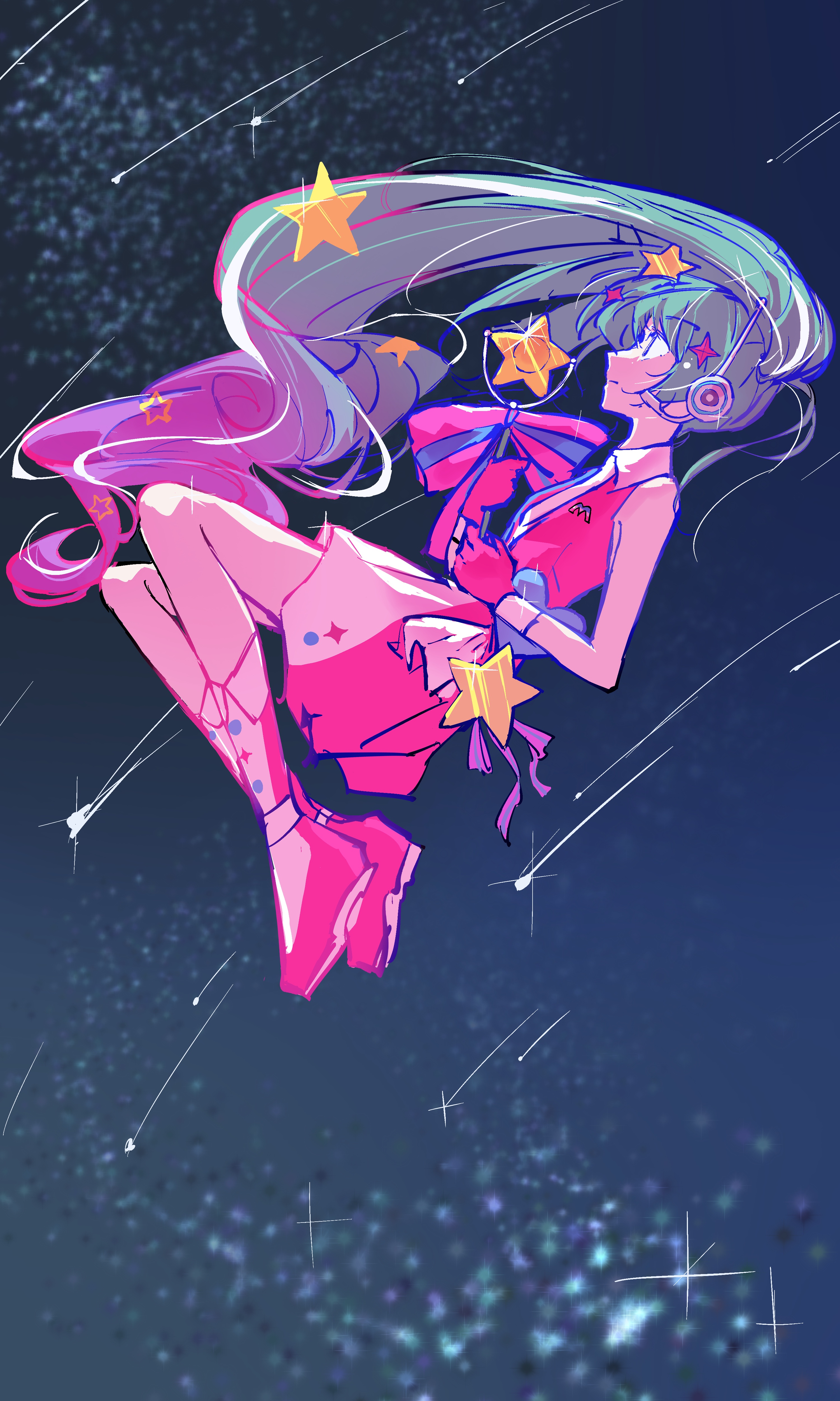 hatsune miku, magical mirai miku, magical mirai miku (2022), future eve (vocaloid), magical mirai (vocaloid), vocaloid, absurdres, commentary, highres, 1girl, aqua hair, bare arms, bare shoulders, blue sky, boots, bow, closed mouth, collared dress, dress, floating, floating hair, fold-over boots, from side, full body, glint, gradient hair, hair ornament, headphones, headset, heart, holding, holding wand, knees up, large bow, long hair, looking up, multicolored hair, night, night sky, pink boots, pink bow, pink dress, pink hair, profile, shooting star, short dress, sky, sleeveless, sleeveless dress, solo, star (sky), star (symbol), star hair ornament, star wand, starry sky, tamiyarin, twintails, very long hair, wand