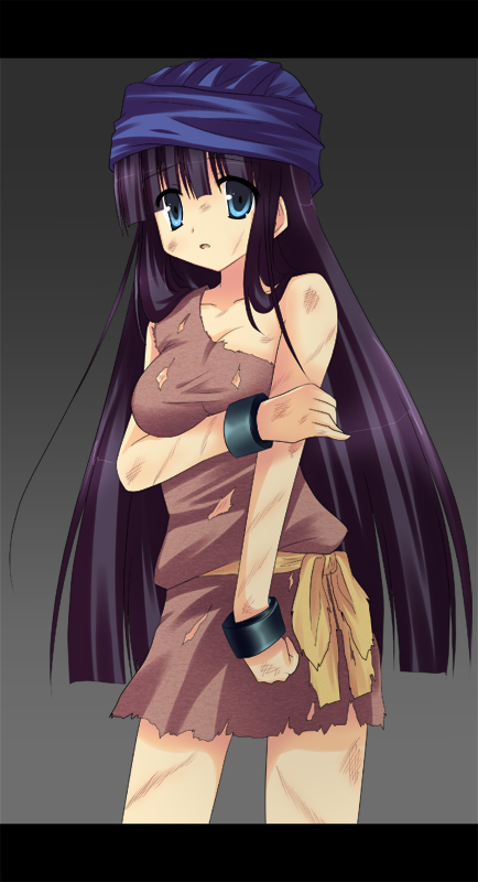 akane souichi, hero (dq5), dragon quest, dragon quest v, breast hold, 1girl, aqua eyes, black hair, breasts, female focus, genderswap, genderswap (mtf), large breasts, long hair, solo, turban, very long hair
