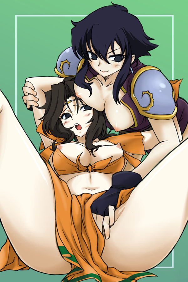 michael f91, larcei (fire emblem), laylea (fire emblem), fire emblem, fire emblem: genealogy of the holy war, nintendo, arm grab, diadem, 2girls, black eyes, black hair, blush, breasts, brown hair, earrings, fingering, fingerless gloves, gloves, groping, hand under clothes, jewelry, large breasts, midriff, multiple girls, navel, nipples, no bra, open clothes, open mouth, smile, spread legs, yuri