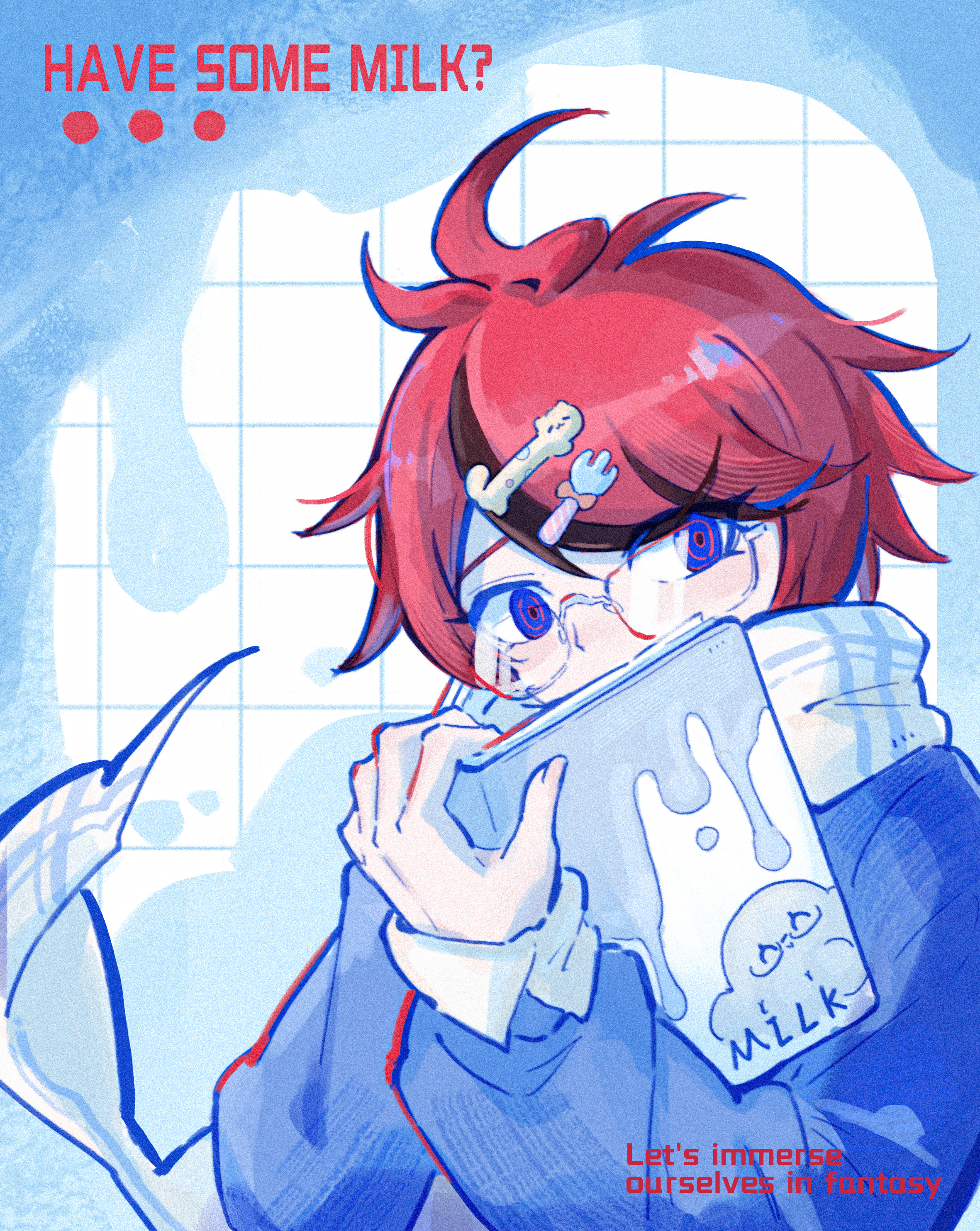 trade-wind, aotsuki eito, sumino takumi, the hundred line -last defense academy-, absurdres, commentary request, highres, 1boy, ahoge, animalization, bespectacled, black streaks, blue eyes, blue jacket, book, covering own mouth, english text, glasses, hair ornament, hairpin, holding, holding book, jacket, looking at viewer, male focus, multicolored hair, octopus, red hair, ringed eyes, scarf, semi-rimless eyewear, short hair, solo, streaked hair, upper body, white scarf