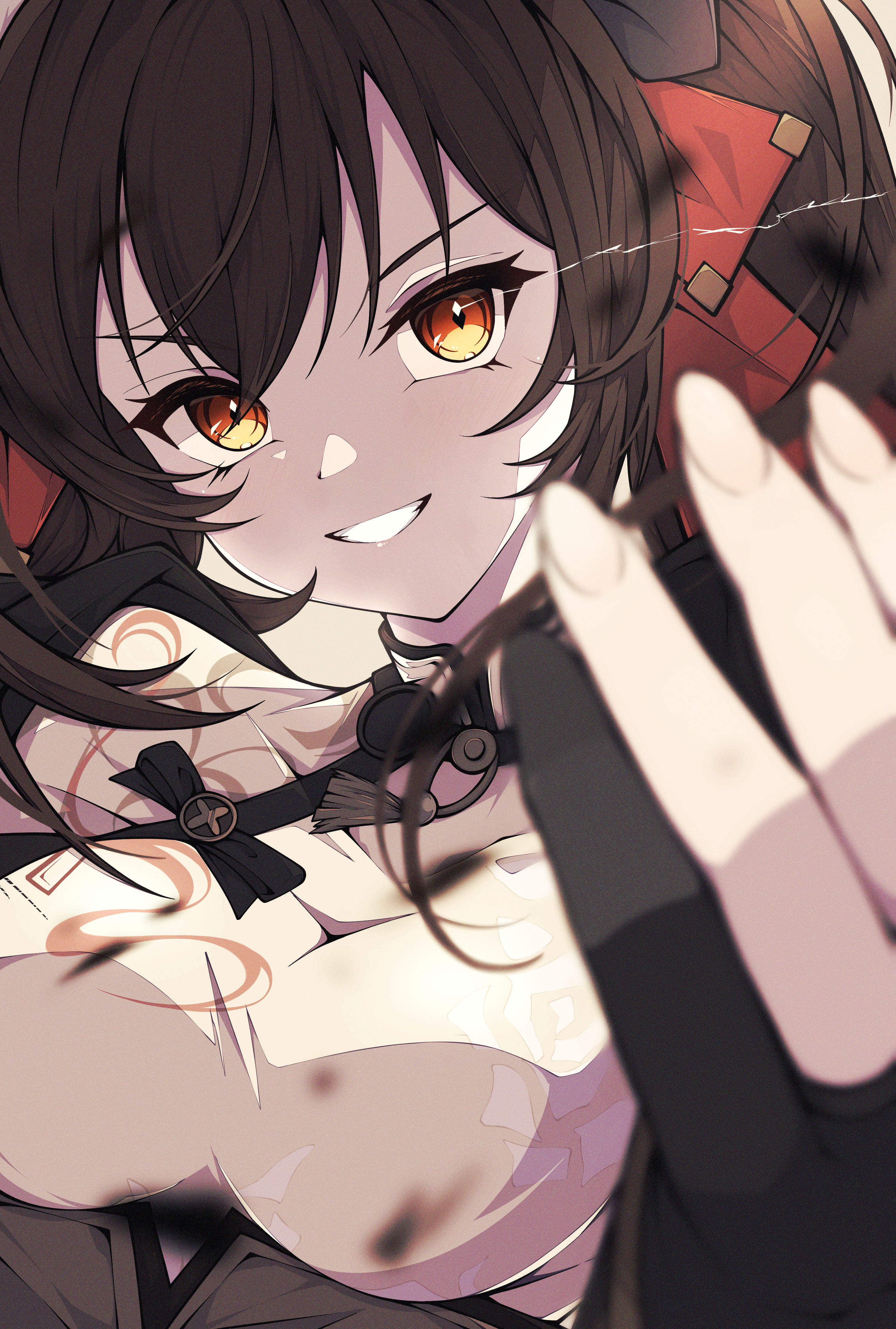 kakuzatou (cubesugar03196), jiangyu (girls' frontline 2), type 97 (girls' frontline), girls' frontline, girls' frontline 2: exilium, absurdres, highres, 1girl, brown hair, grin, hair between eyes, hair ribbon, hand up, looking at viewer, orange eyes, red ribbon, ribbon, smile, solo, upper body, yellow eyes