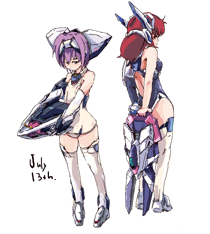 july13th, crueltear, exelica, trigger heart exelica, white legwear, 2girls, arms behind back, back, back-to-back, back cutout, blush, breasts, clothing cutout, dated, elbow gloves, flat chest, gloves, headgear, holding, legs apart, looking back, mecha musume, medium breasts, multiple girls, one-piece swimsuit, purple hair, red eyes, red hair, school swimsuit, short hair, simple background, single glove, small breasts, standing, swimsuit, swimsuit costume, thighhighs, white background, white one-piece swimsuit, white school swimsuit