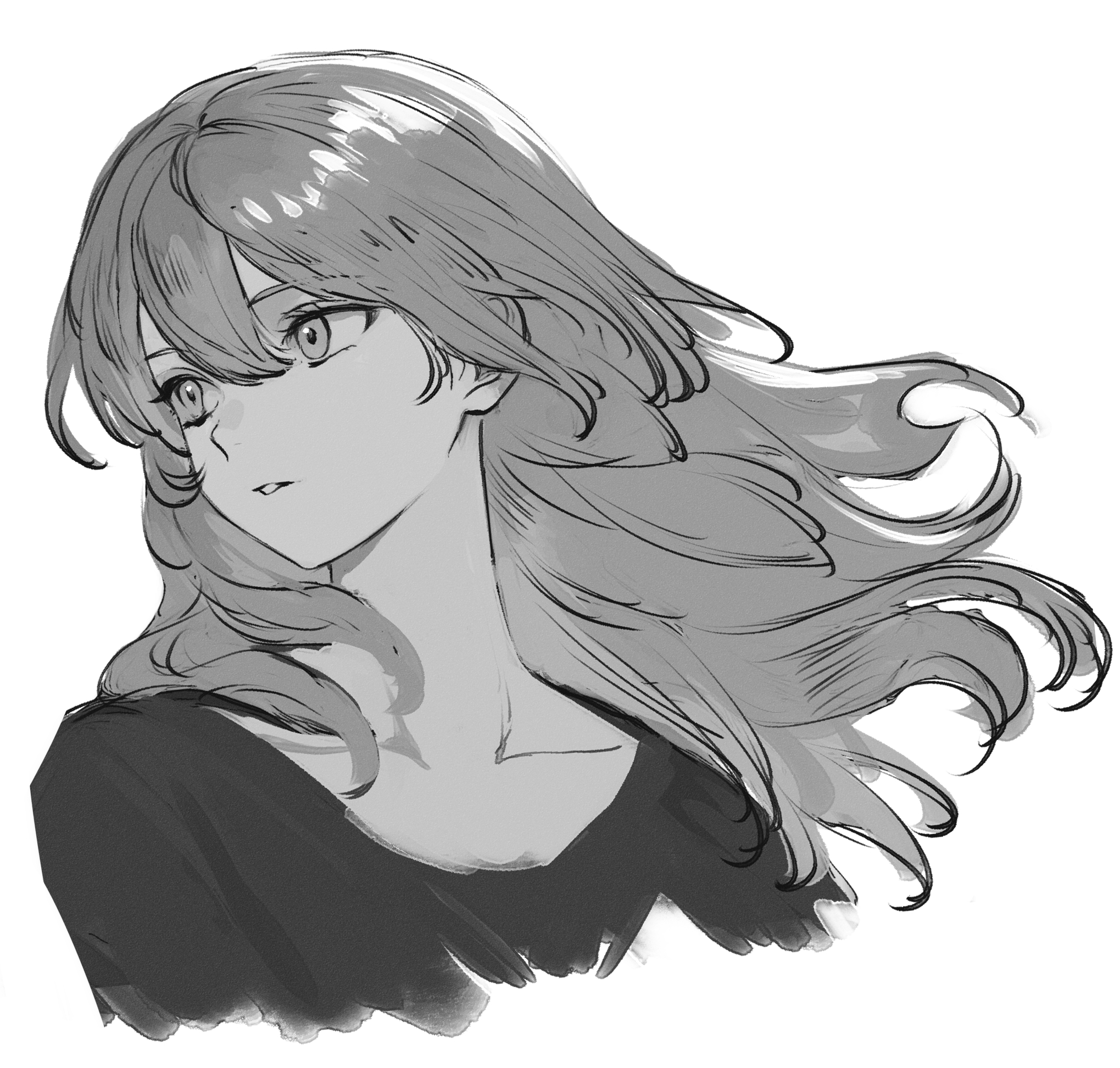 sak orz, kawaragi momoka, girls band cry, highres, 1girl, floating hair, greyscale, hair between eyes, long hair, monochrome, open mouth, simple background, solo, upper body, white background