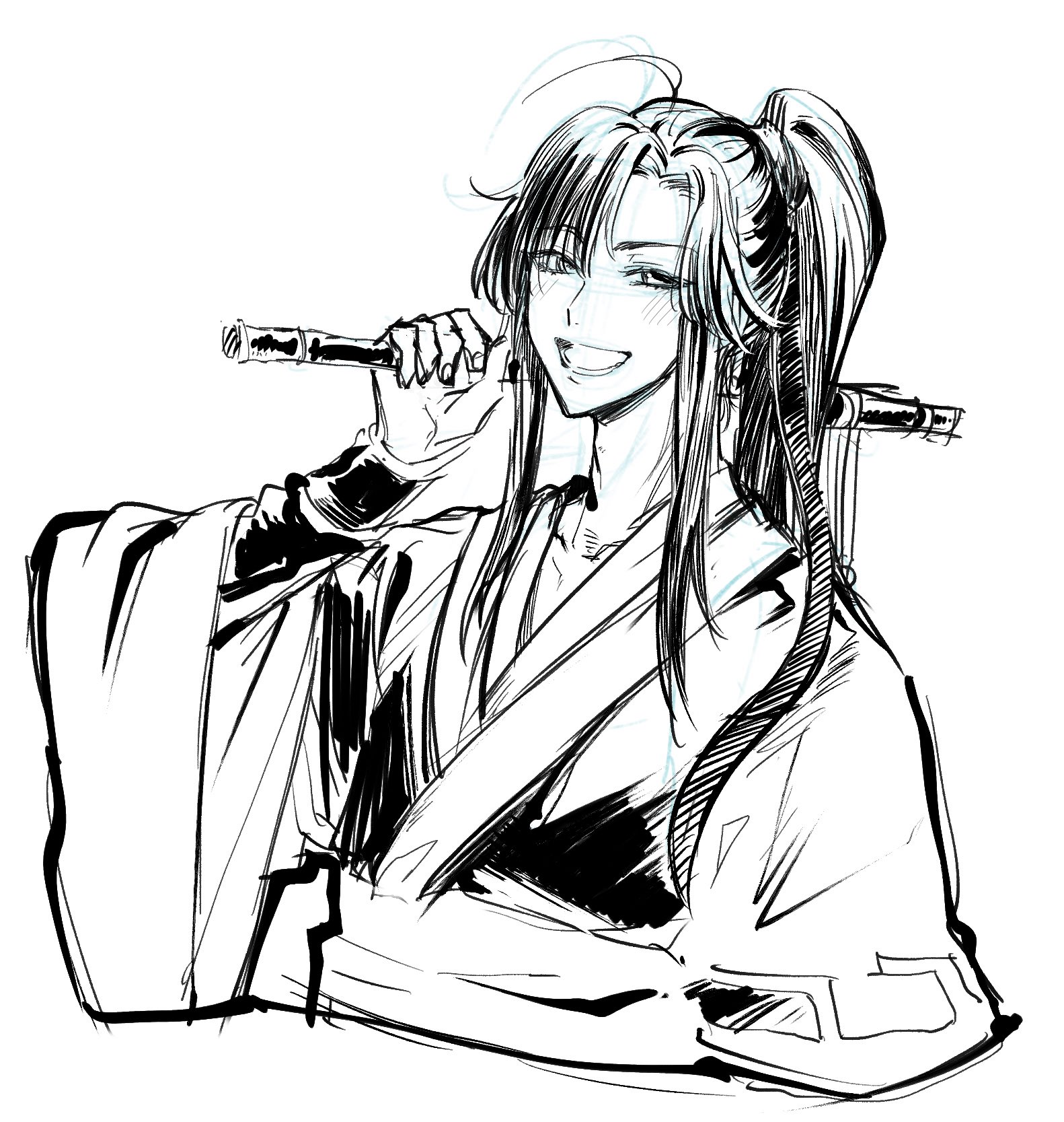 konno shimako, wei wuxian, modao zushi, highres, 1boy, ahoge, chenqing flute, chinese clothes, dizi, flute, greyscale, grin, hand up, hanfu, high ponytail, holding, holding flute, holding instrument, instrument, long hair, long sleeves, looking at viewer, male focus, monochrome, open mouth, over shoulder, ponytail, robe, sash, sidelocks, simple background, sketch, smile, solo, transverse flute, upper body, white background, wide sleeves