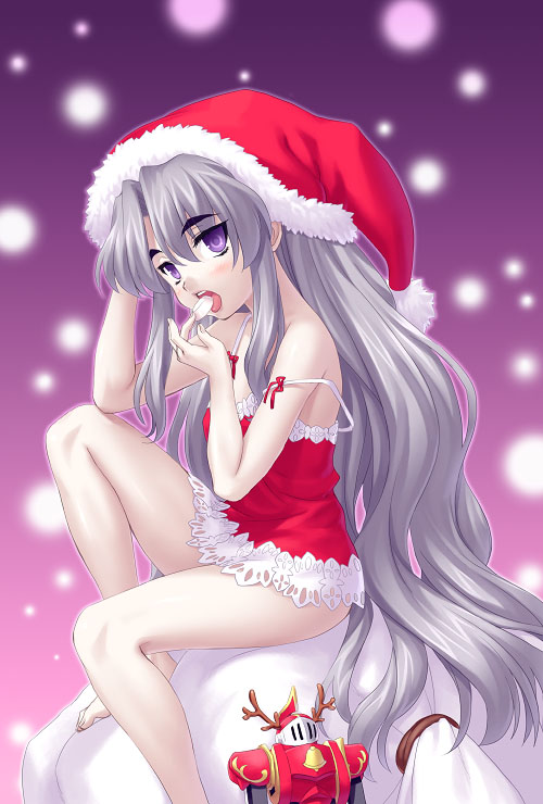 kengou, the robot tsuku rouze!, silver hair, 1girl, chemise, christmas, female focus, long hair, open mouth, purple eyes, santa costume, solo, strap slip, very long hair