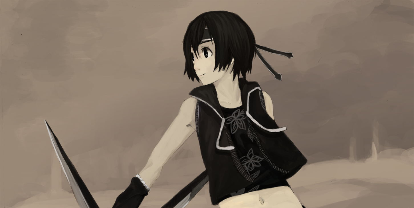110 gou, yuffie kisaragi, final fantasy, final fantasy vii, final fantasy vii advent children, bad id, bad pixiv id, 00s, 1990s (style), 1girl, bare shoulders, black eyes, black hair, female focus, gloves, headband, midriff, monochrome, short hair, shuriken, solo, vest, weapon