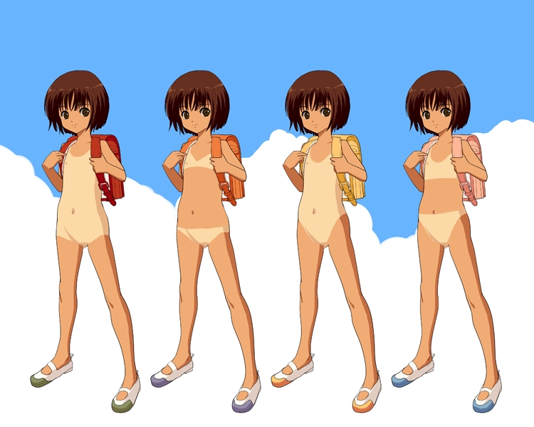 natori (natorism), copyright request, 1girl, backpack, bag, flat chest, loli, nude, one-piece tan, paint.net (medium), randoseru, short hair, tan, tanline