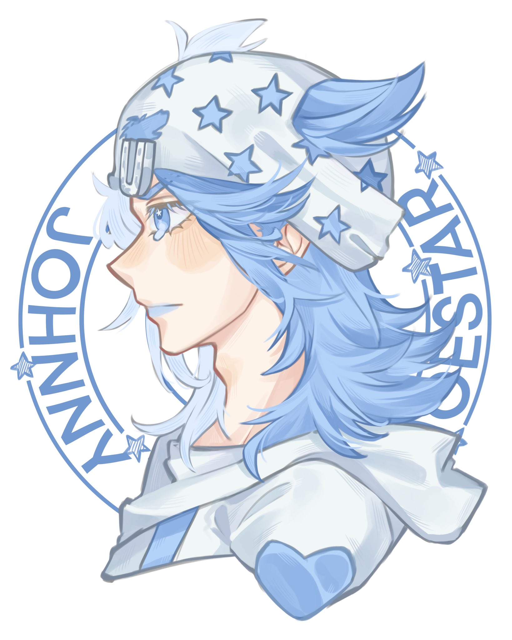 johnny joestar, jojo no kimyou na bouken, steel ball run, commentary request, highres, 1boy, beanie, blue eyes, blue hair, blue lips, blush, bun6758, character name, cropped shoulders, from side, hat, heart ornament, hood, hood down, hoodie, horseshoe hat ornament, horseshoe ornament, looking ahead, makeup, male focus, medium hair, profile, solo, star (symbol), star print, white background, white hat, white hoodie